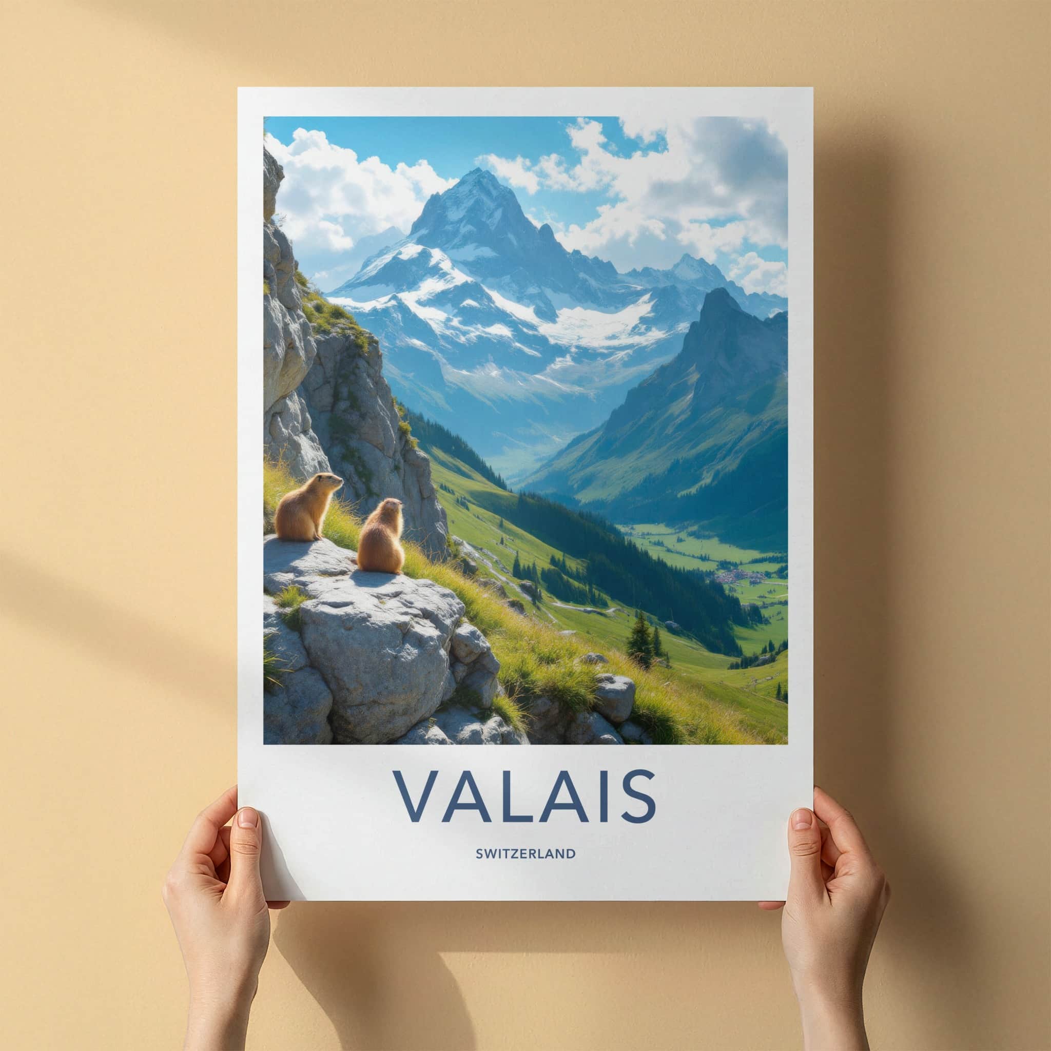Valais Poster - Switzerland Travel Art - Marmots Mountain Peaks Home Decor