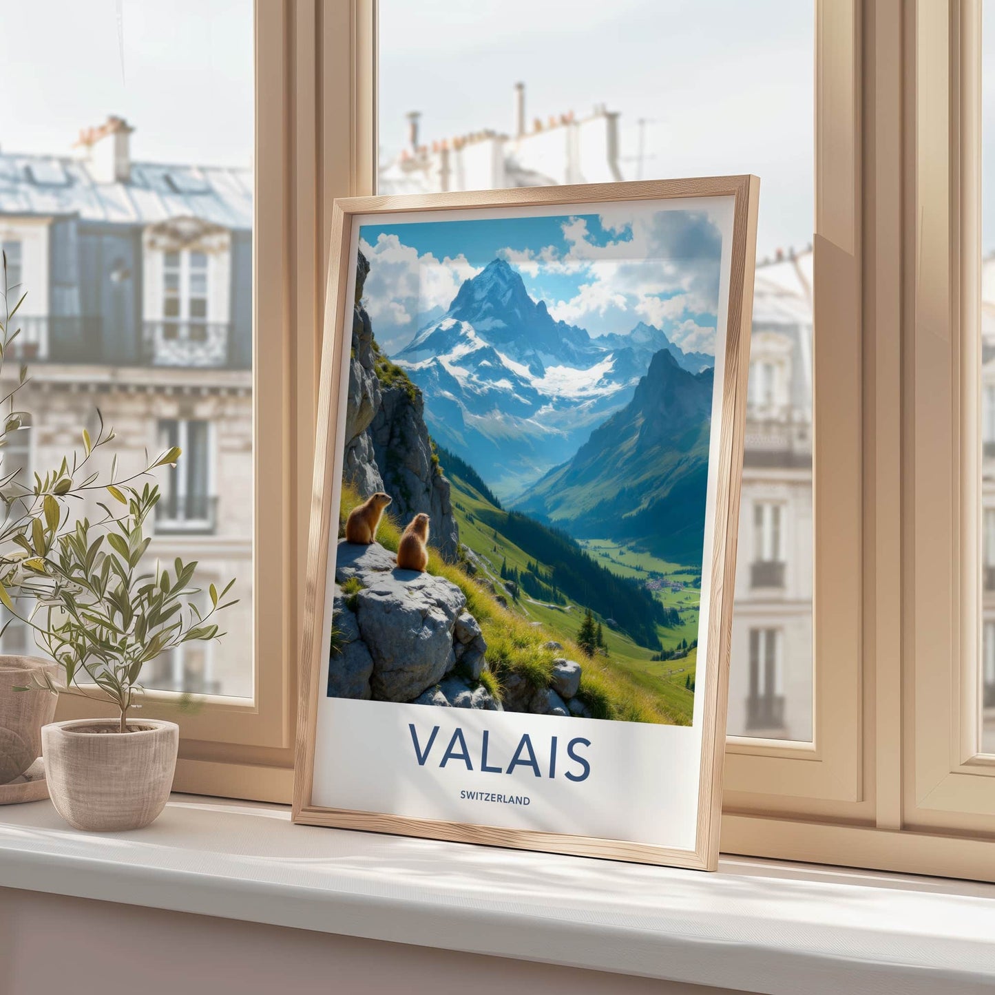 Valais Poster - Switzerland Travel Art - Marmots Mountain Peaks Home Decor