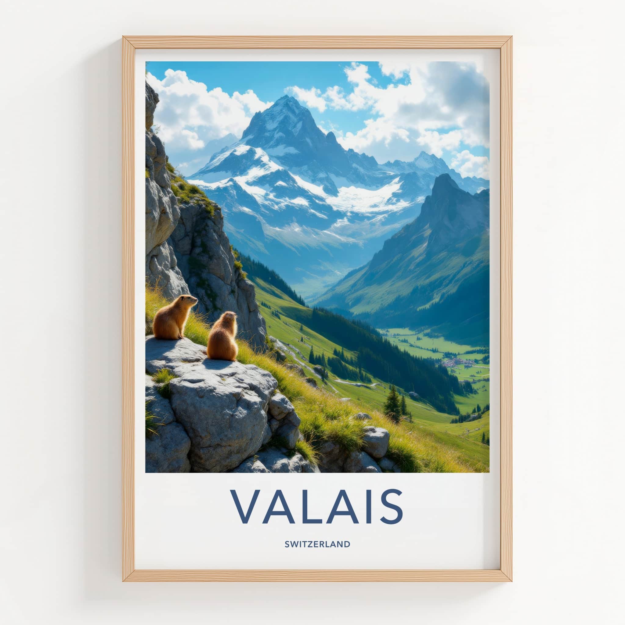 Valais Poster - Switzerland Travel Art - Marmots Mountain Peaks Home Decor