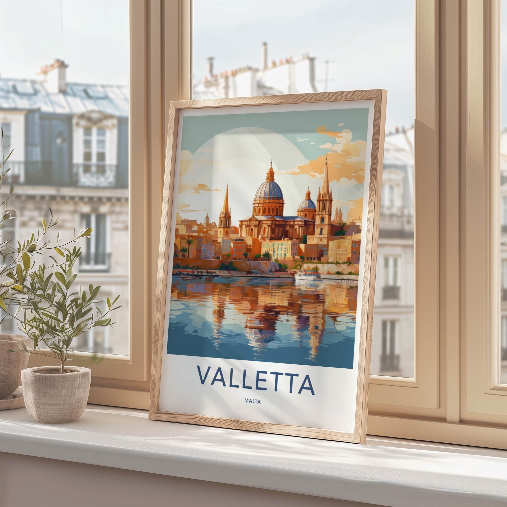 Valletta Poster - Malta Travel Art - Historic City Reflection Wall Decor