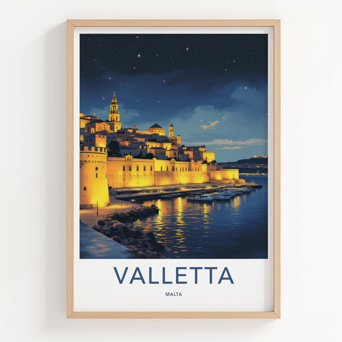 Valletta Poster - Malta Travel Art - Illuminated City Marina Wall Decor