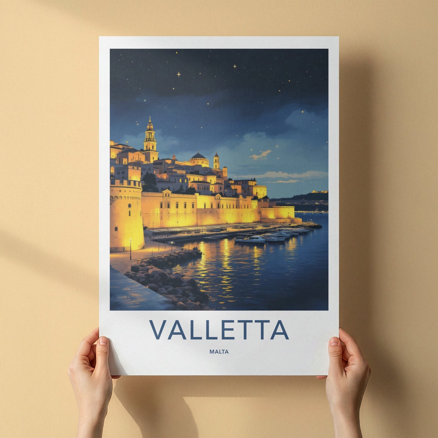 Valletta Poster - Malta Travel Art - Illuminated City Marina Wall Decor