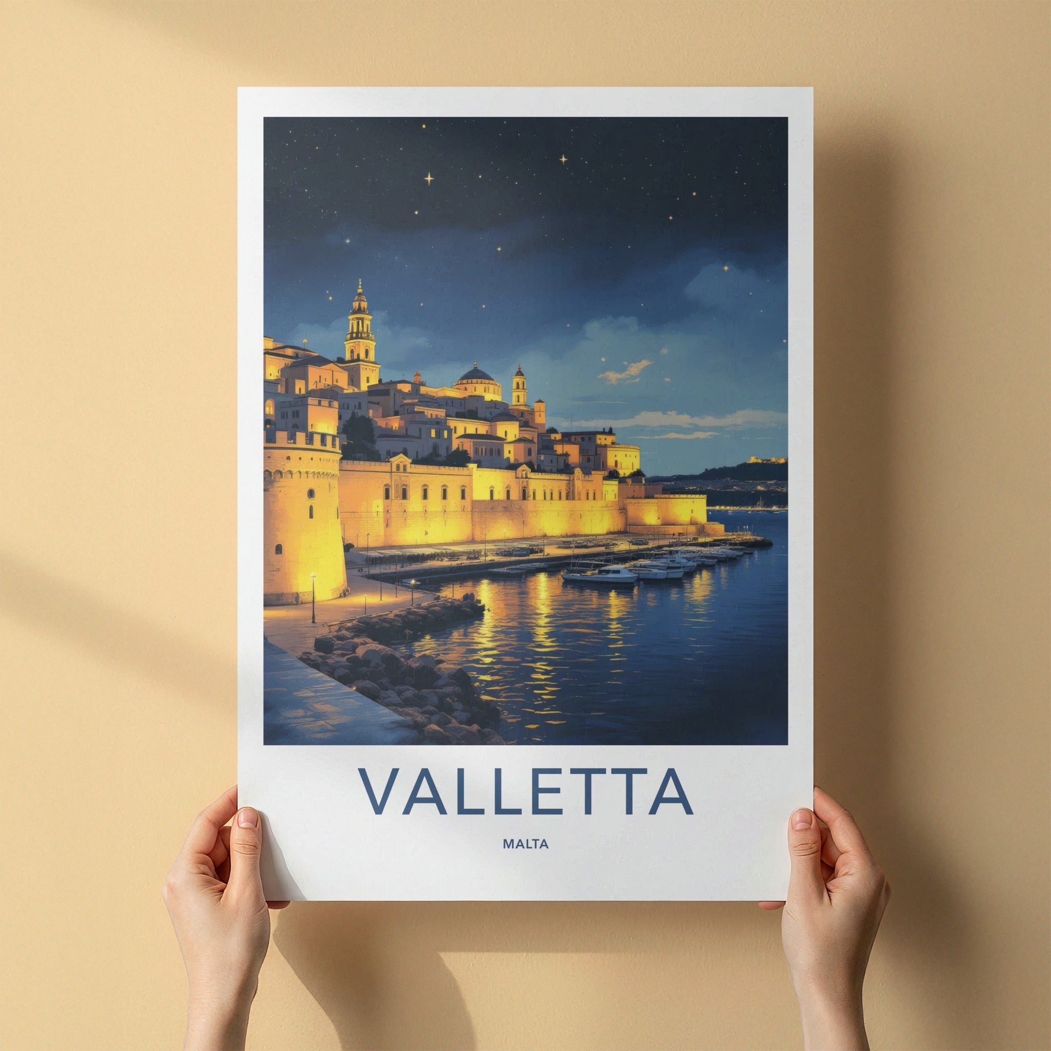 Valletta Poster - Malta Travel Art - Illuminated City Marina Wall Decor