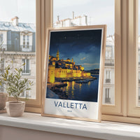 Valletta Poster - Malta Travel Art - Illuminated City Marina Wall Decor