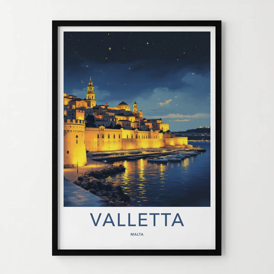 Valletta Poster - Malta Travel Art - Illuminated City Marina Wall Decor
