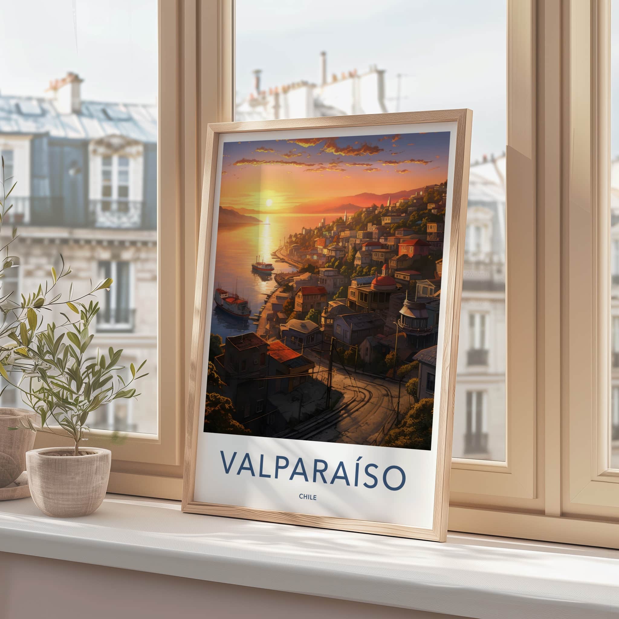 Valparaiso Poster - Chile Travel Art - Colorful Hillside Sunset Home Decor