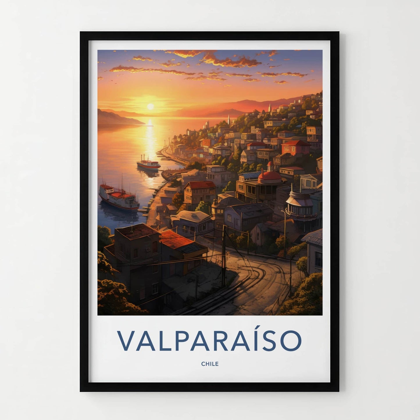 Valparaiso Poster - Chile Travel Art - Colorful Hillside Sunset Home Decor