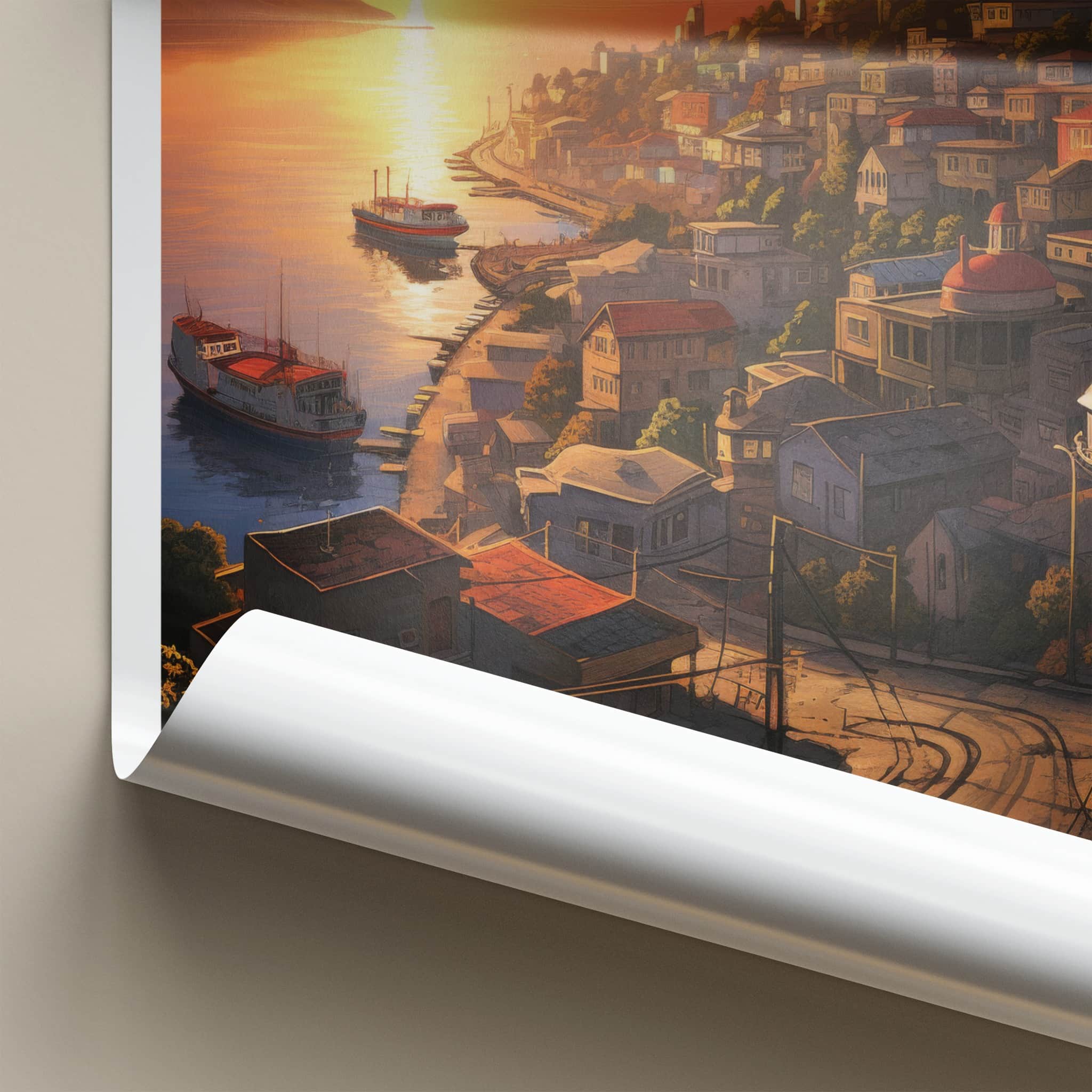 Valparaiso Poster - Chile Travel Art - Colorful Hillside Sunset Home Decor