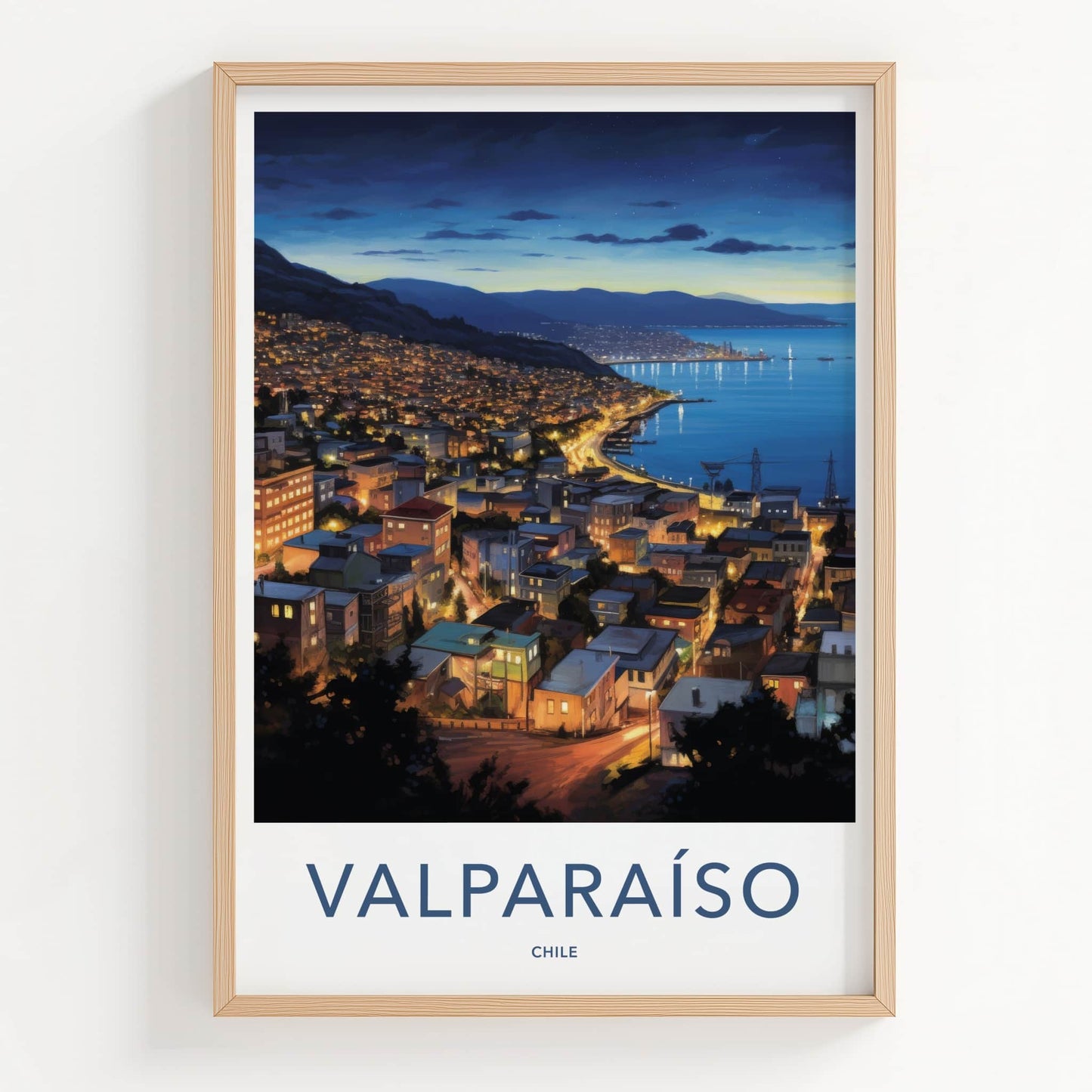 Valparaiso Poster - Chile Travel Art - Hillside City Lights Home Decor