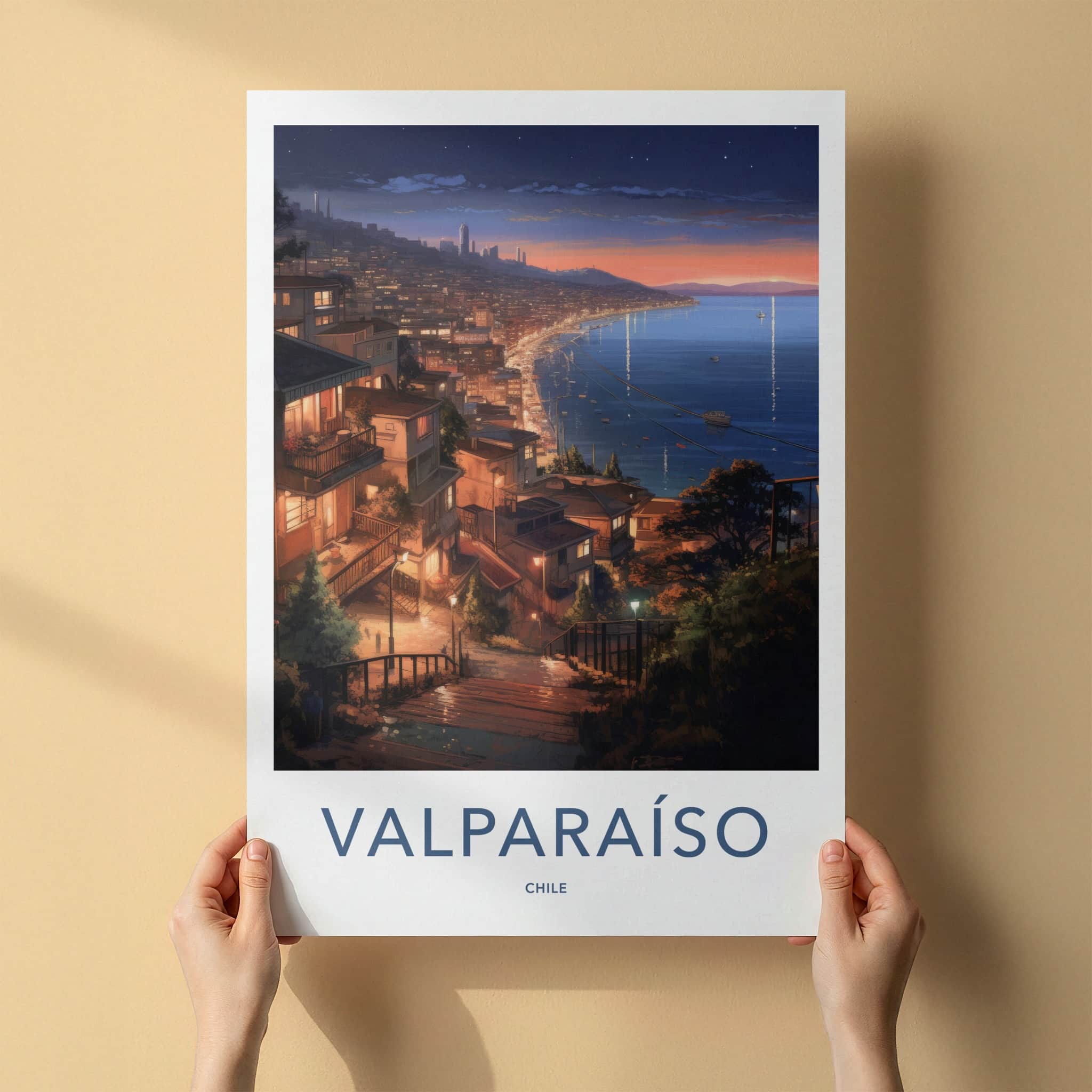 Valparaiso Poster - Chile Travel Art - Hillside City Lights Home Decor