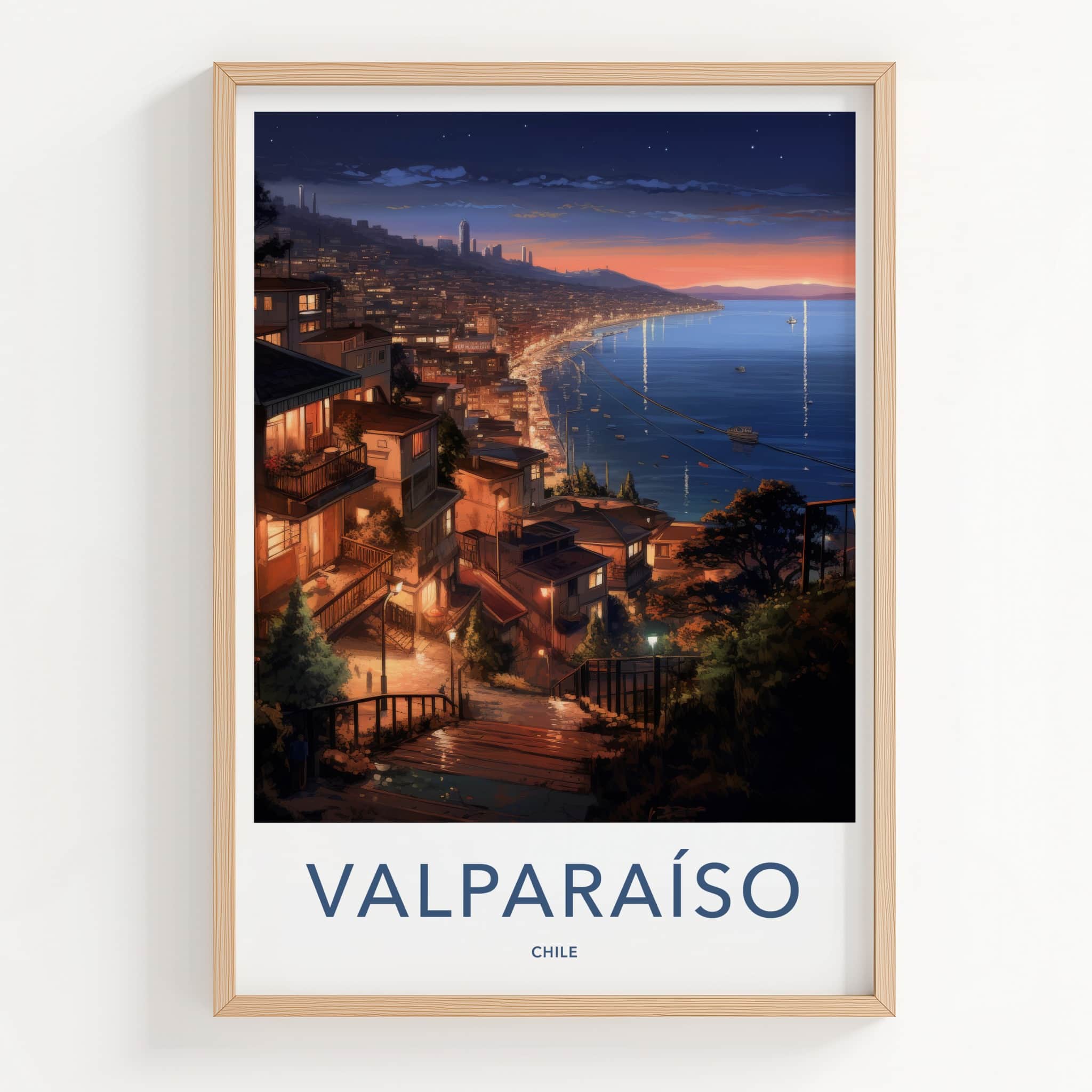 Valparaiso Poster - Chile Travel Art - Hillside City Lights Home Decor