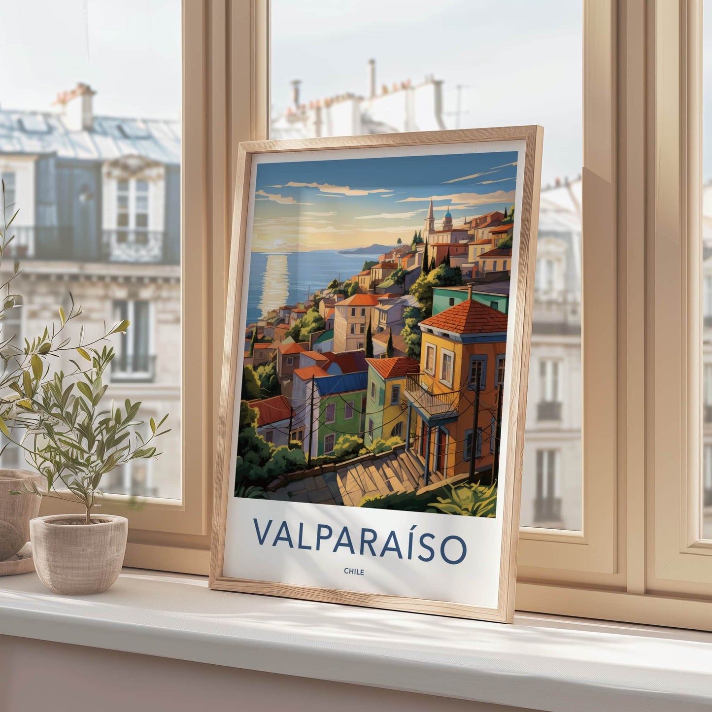 Valparaiso Poster - Chile Travel Art - Hillside Ocean Sunset Home Decor