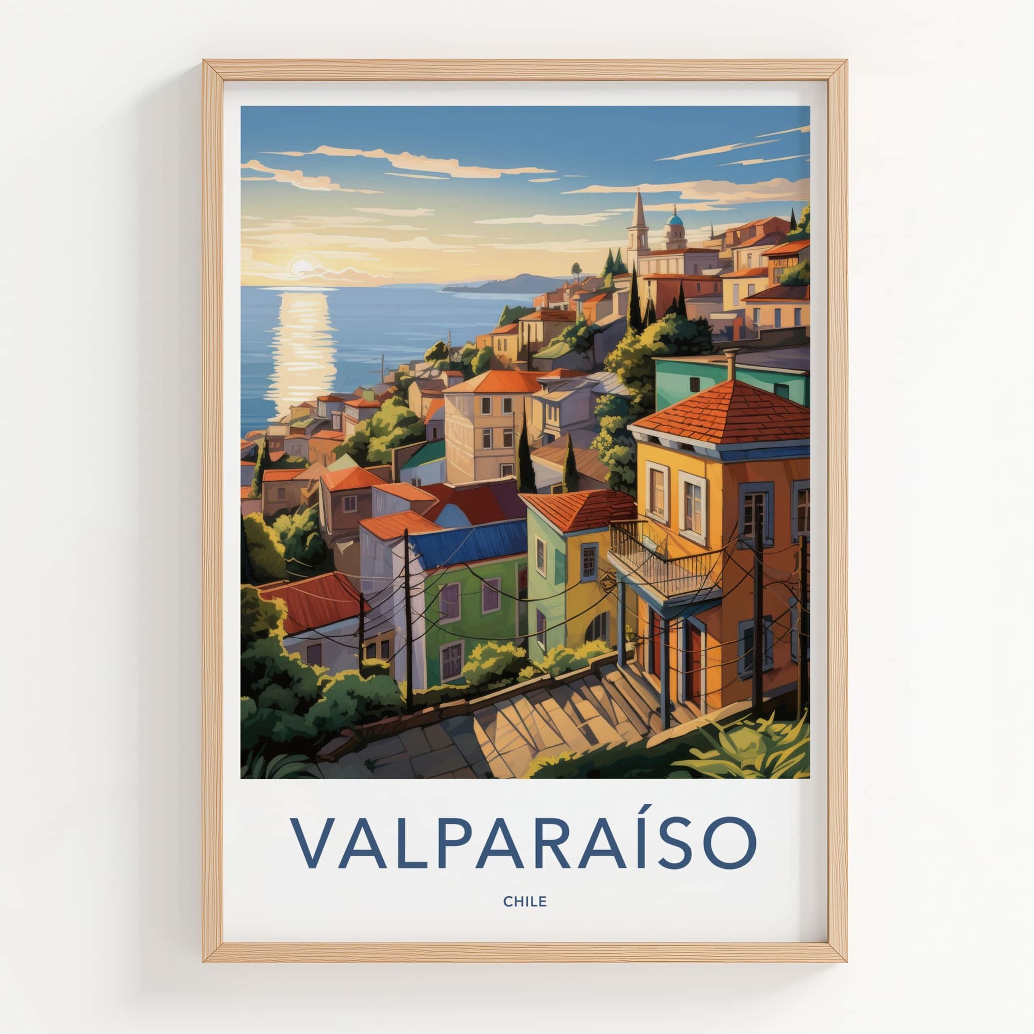 Valparaiso Poster - Chile Travel Art - Hillside Ocean Sunset Home Decor