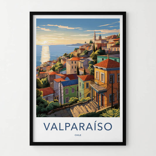 Valparaiso Poster - Chile Travel Art - Hillside Ocean Sunset Home Decor