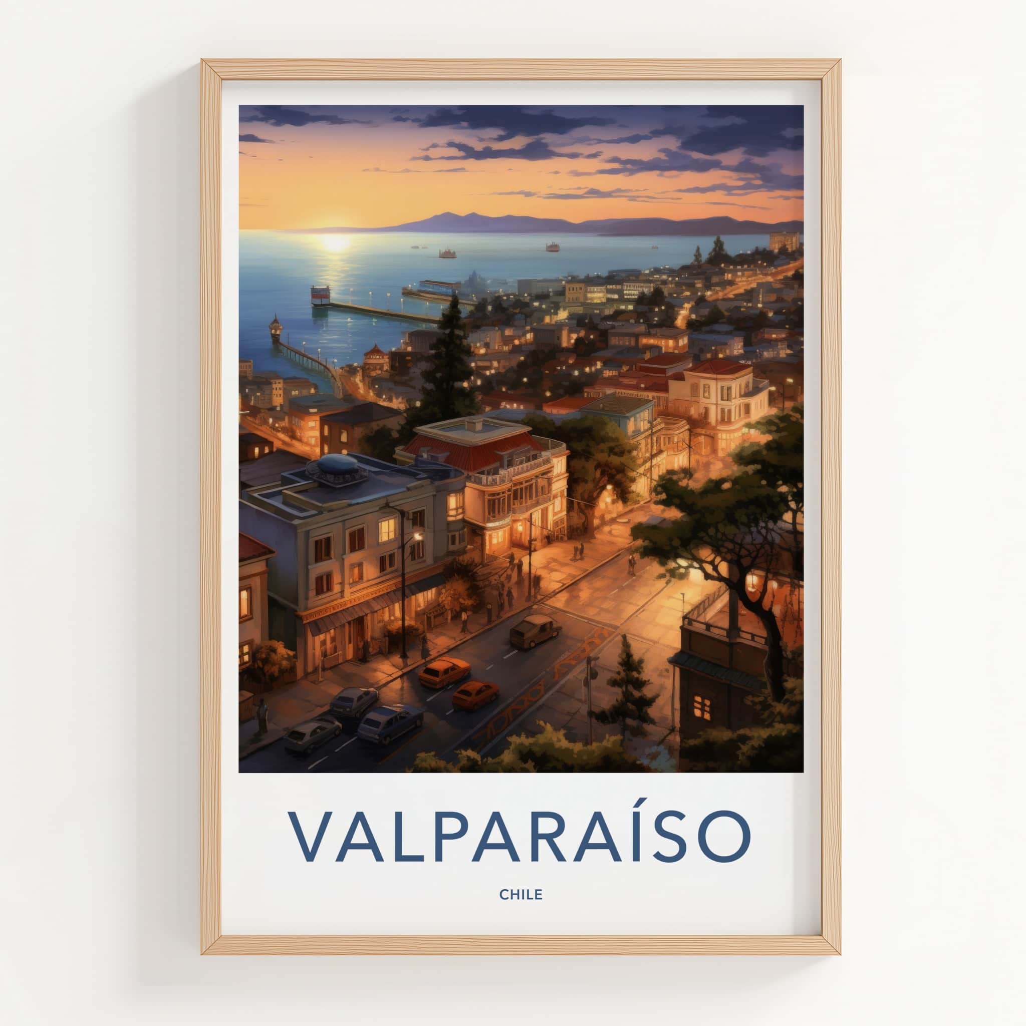 Valparaiso Poster - Chile Travel Art - Illuminated Cityscape Home Decor