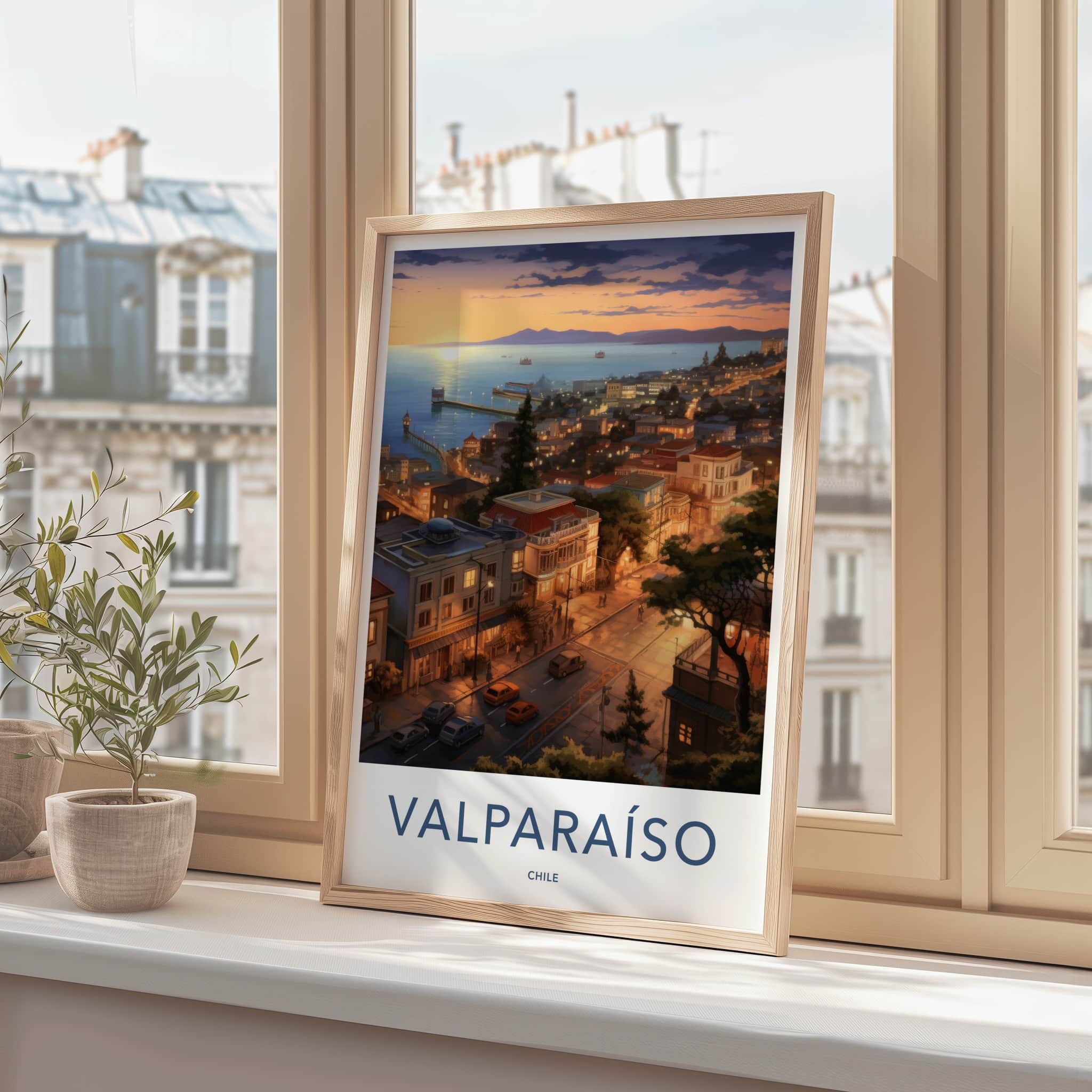 Valparaiso Poster - Chile Travel Art - Illuminated Cityscape Home Decor