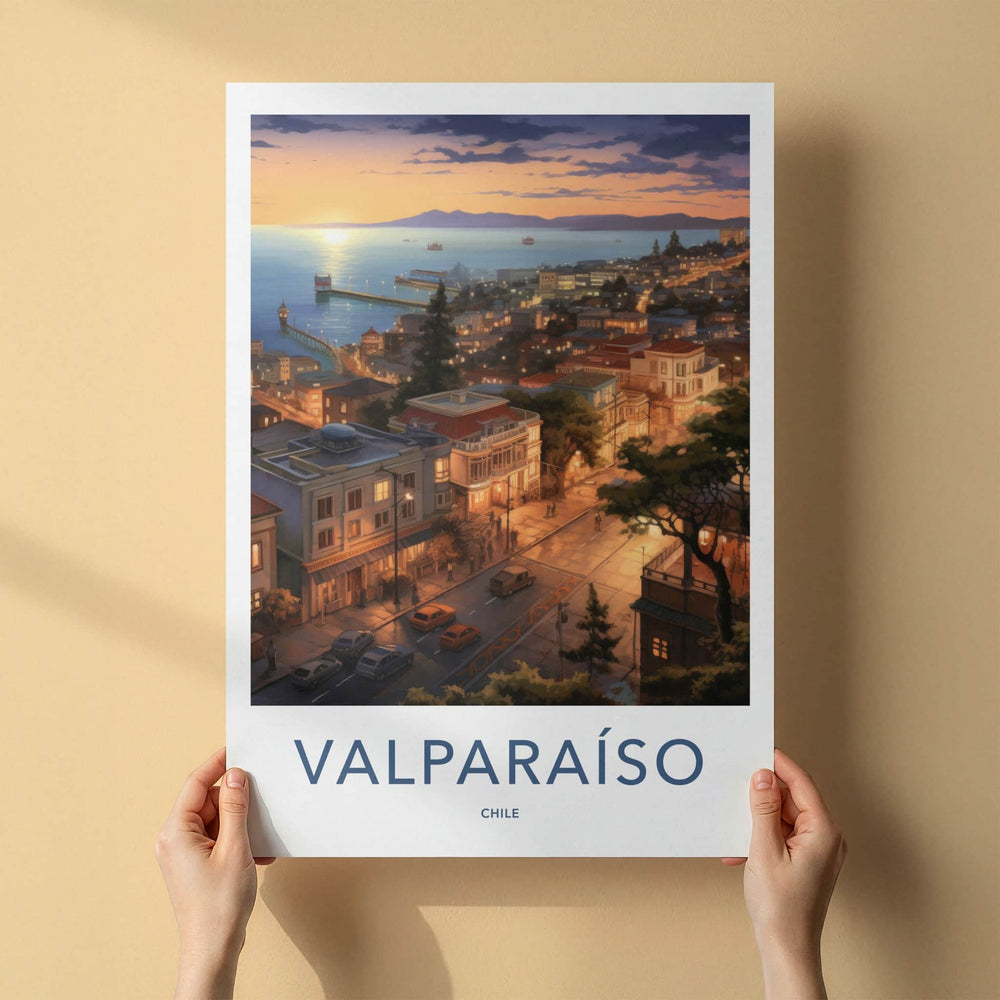 Valparaiso Poster - Chile Travel Art - Illuminated Cityscape Home Decor