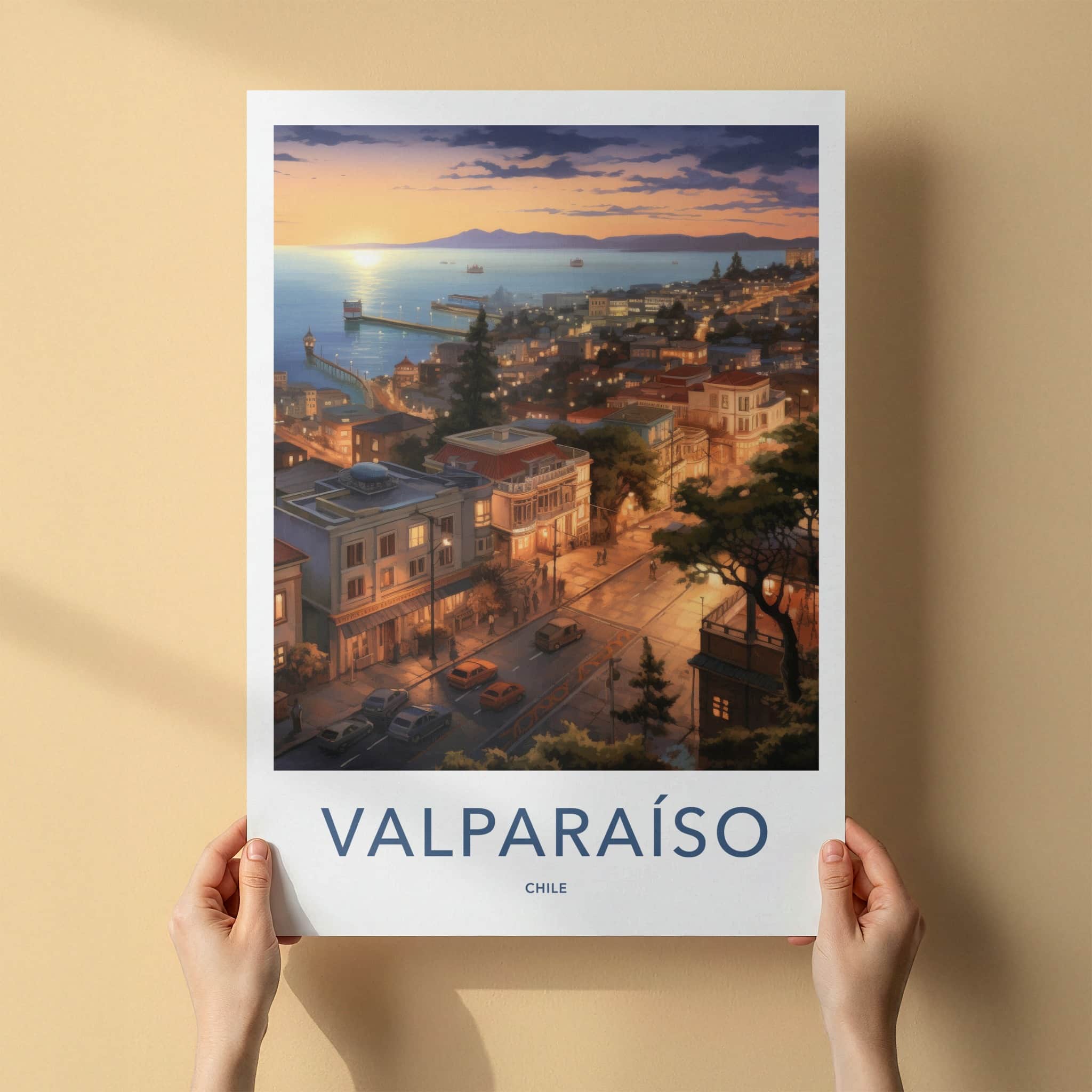 Valparaiso Poster - Chile Travel Art - Illuminated Cityscape Home Decor