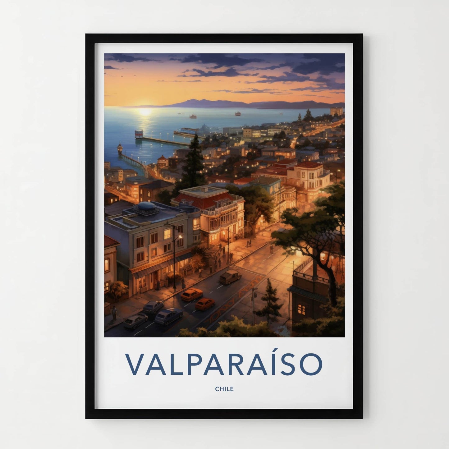 Valparaiso Poster - Chile Travel Art - Illuminated Cityscape Home Decor