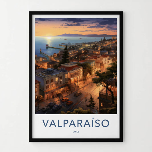 Valparaiso Poster - Chile Travel Art - Illuminated Cityscape Home Decor