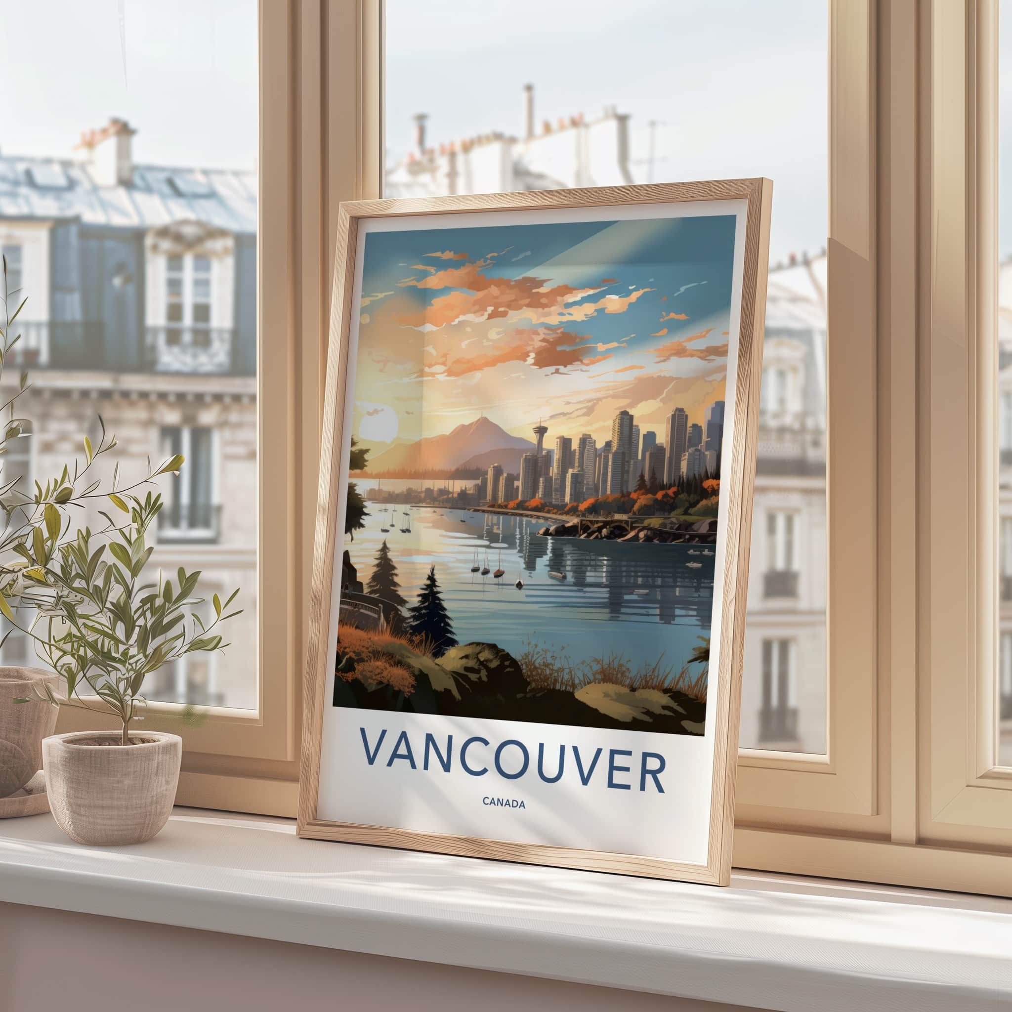 Vancouver Poster - Canada Travel Art - Waterfront Cityscape Sunset Wall Decor