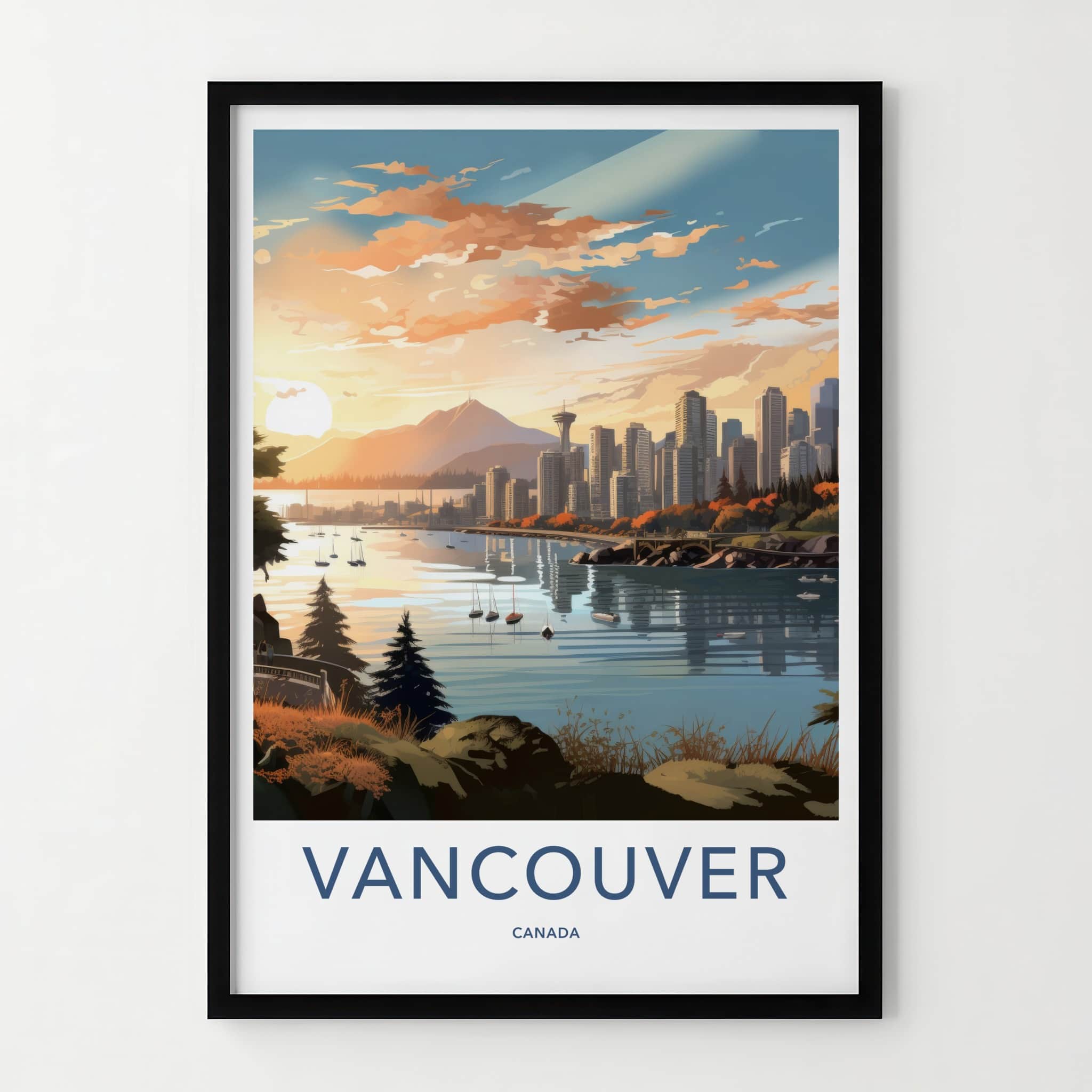 Vancouver Poster - Canada Travel Art - Waterfront Cityscape Sunset Wall Decor
