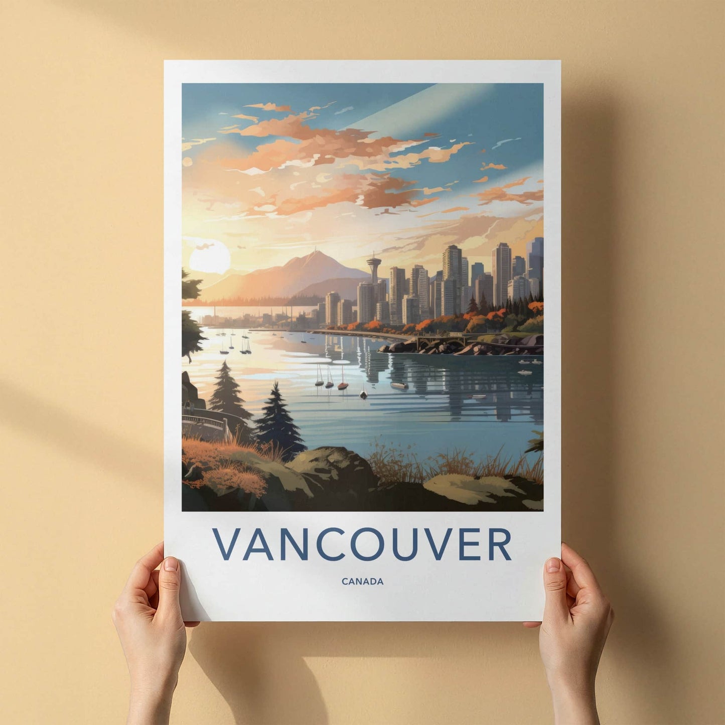 Vancouver Poster - Canada Travel Art - Waterfront Cityscape Sunset Wall Decor