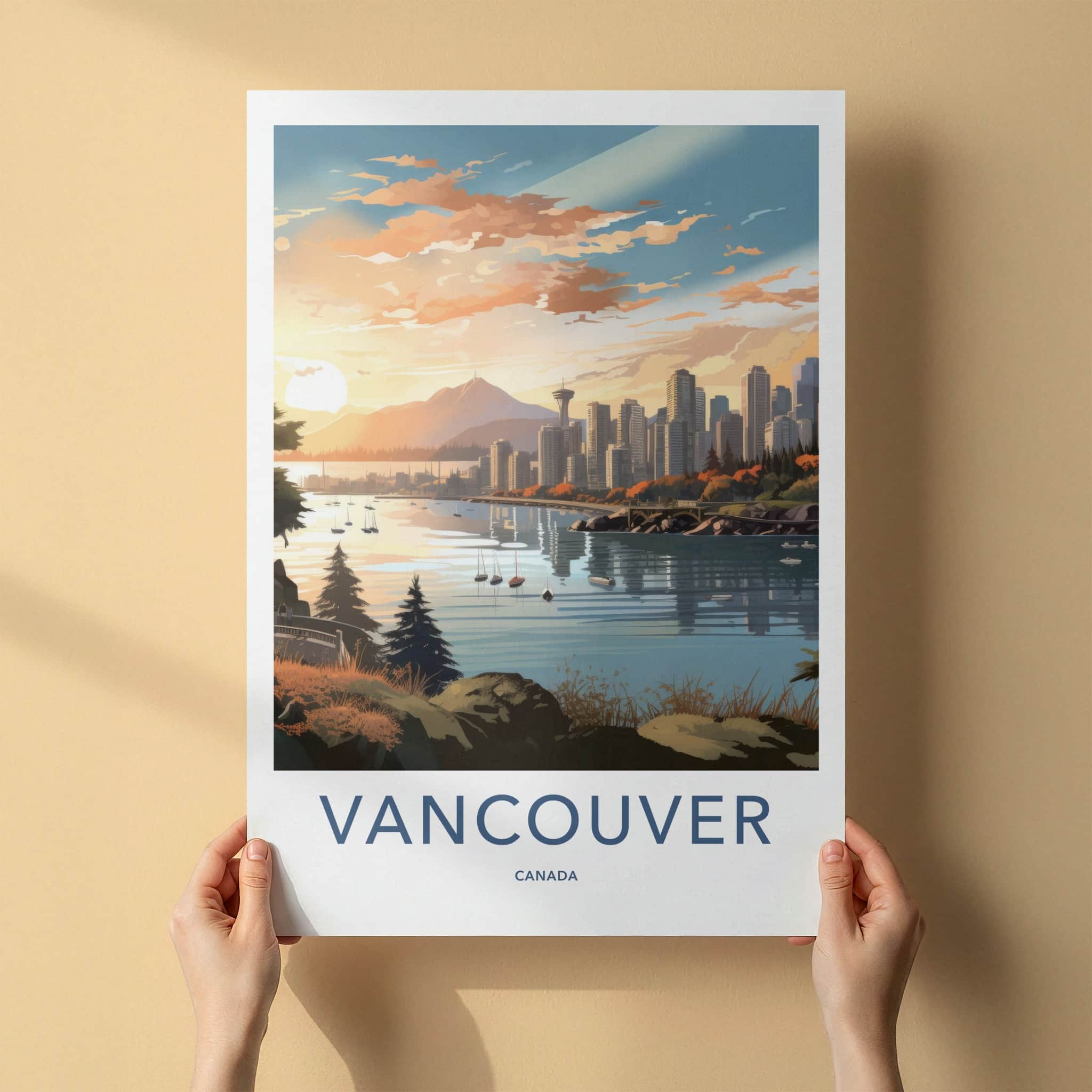 Vancouver Poster - Canada Travel Art - Waterfront Cityscape Sunset Wall Decor