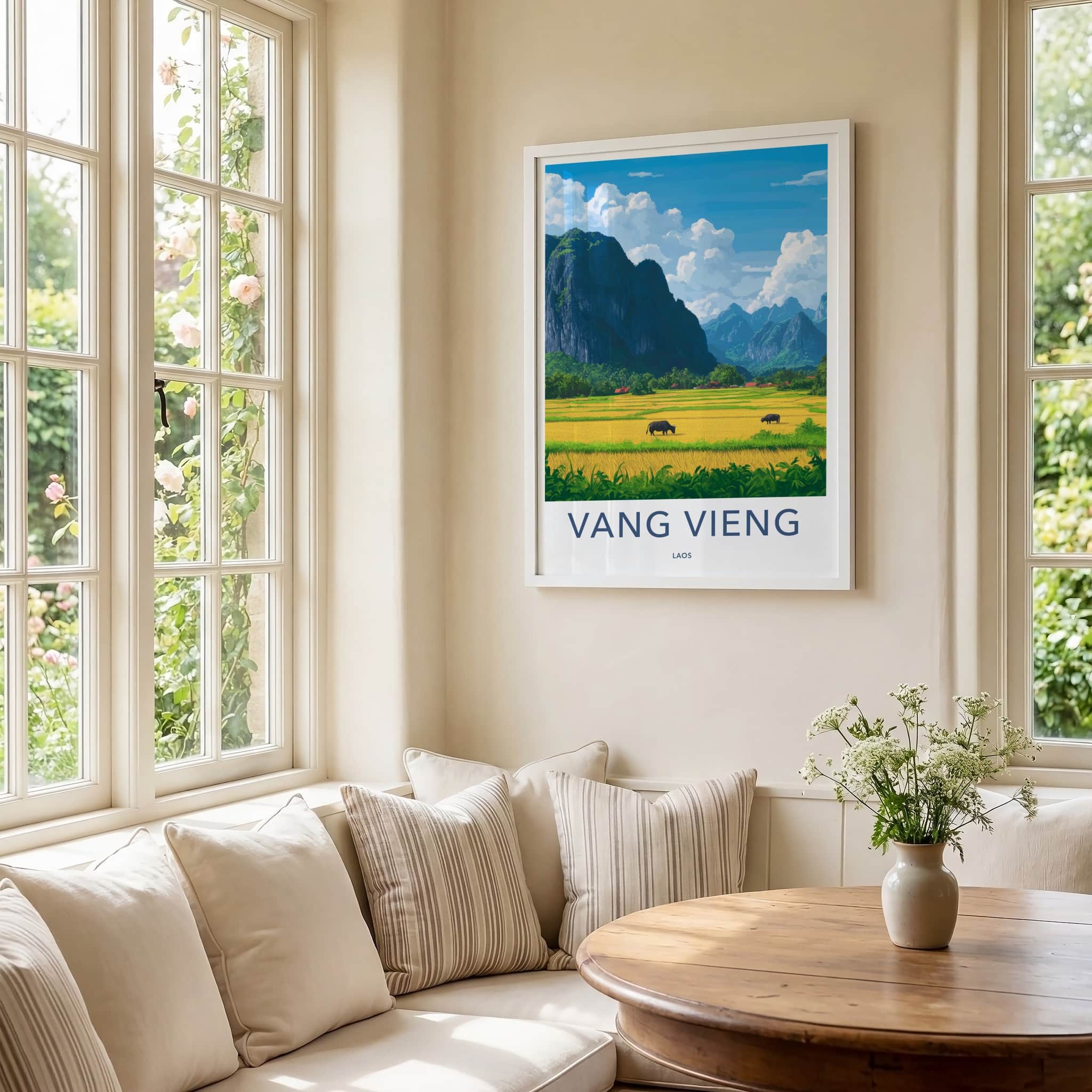 Vang Vieng Poster - Laos Travel Art - Buffalo Rice Fields Home Decor