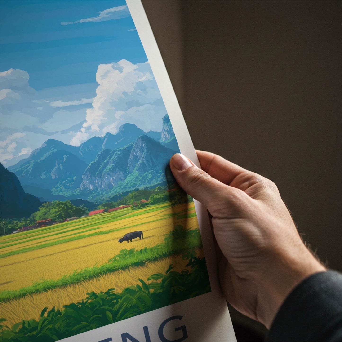 Vang Vieng Poster - Laos Travel Art - Buffalo Rice Fields Home Decor