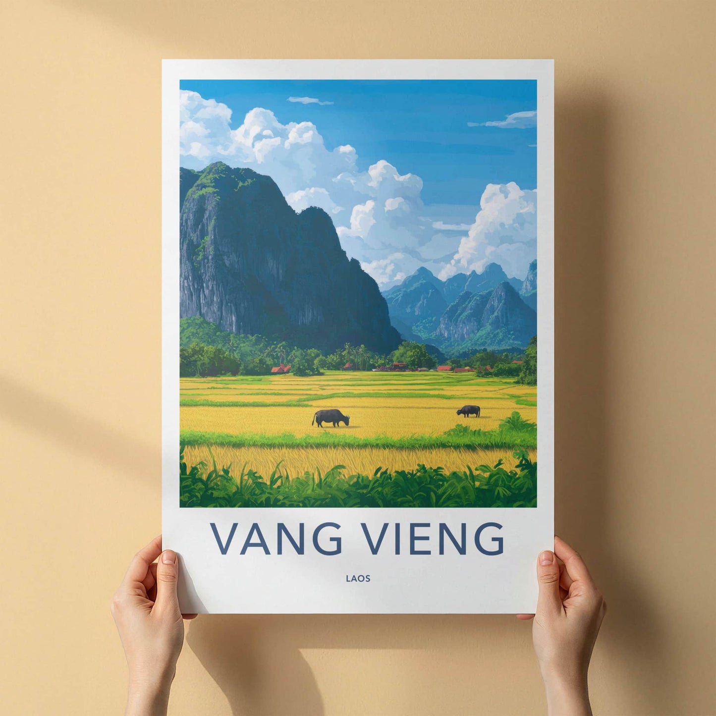 Vang Vieng Poster - Laos Travel Art - Buffalo Rice Fields Home Decor
