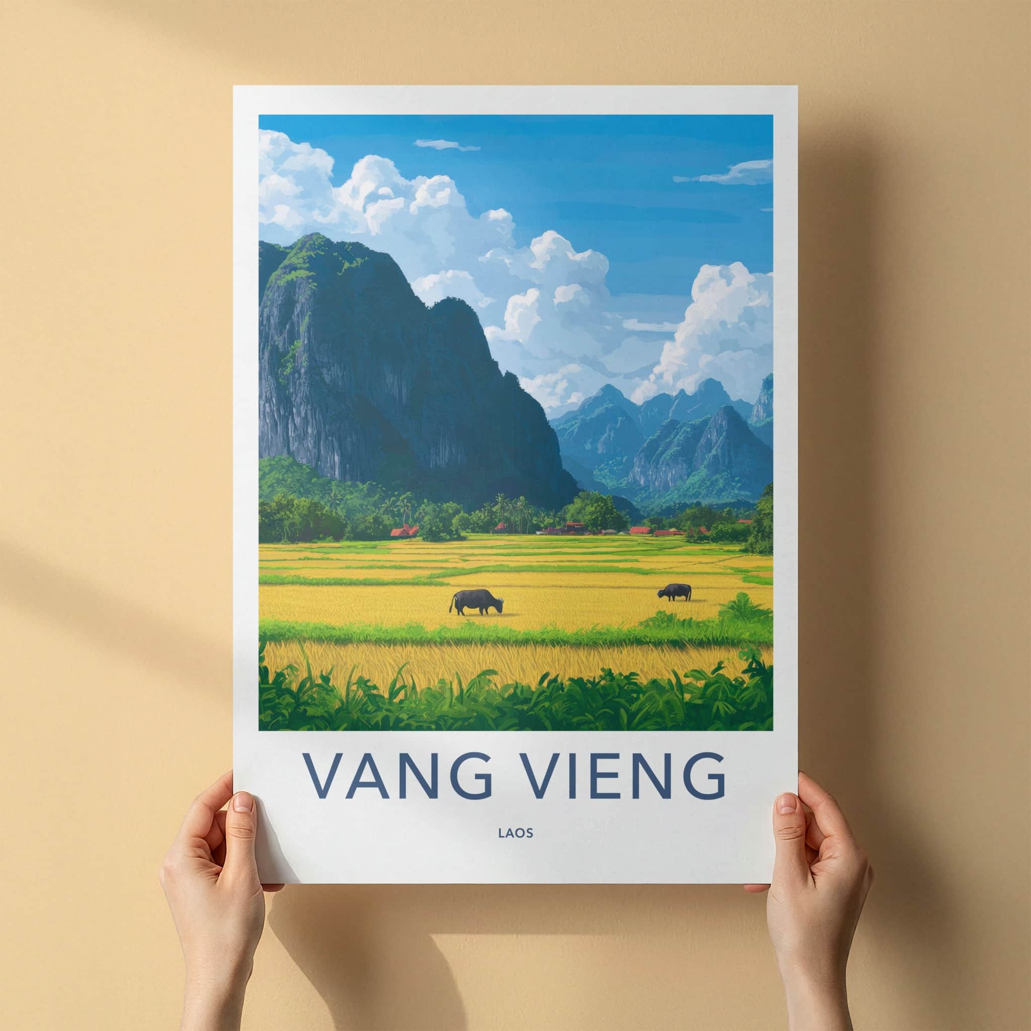 Vang Vieng Poster - Laos Travel Art - Buffalo Rice Fields Home Decor