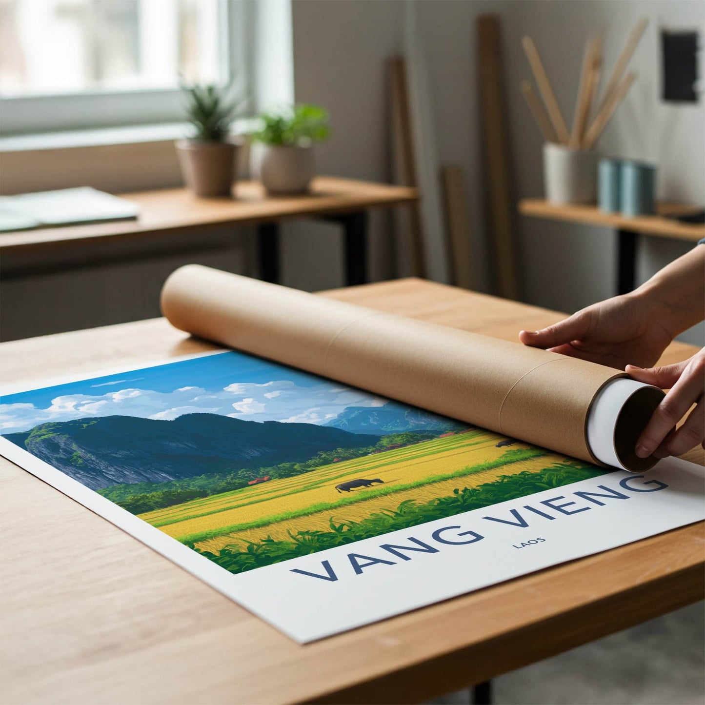 Vang Vieng Poster - Laos Travel Art - Buffalo Rice Fields Home Decor