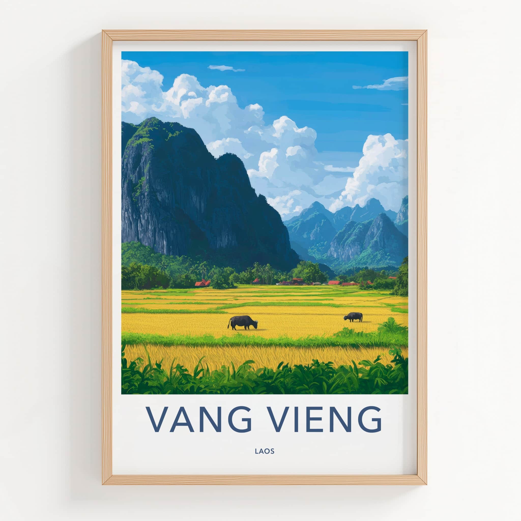 Vang Vieng Poster - Laos Travel Art - Buffalo Rice Fields Home Decor
