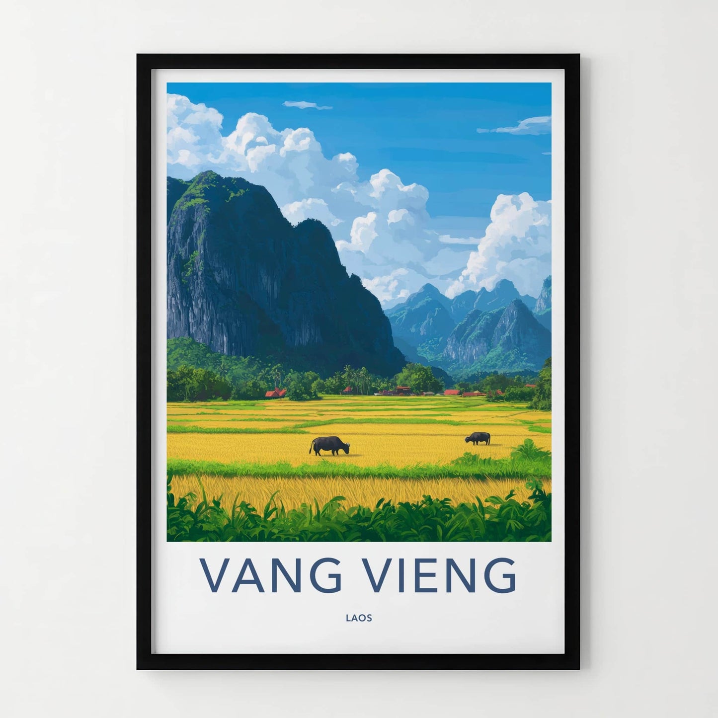 Vang Vieng Poster - Laos Travel Art - Buffalo Rice Fields Home Decor