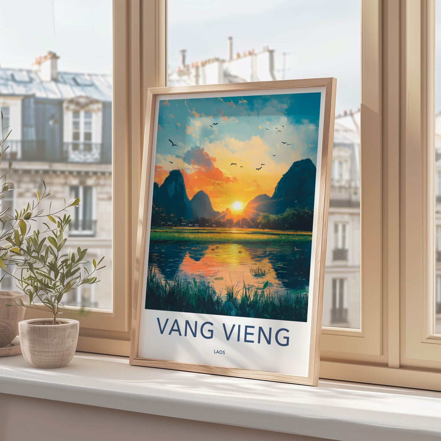Vang Vieng Poster - Laos Travel Art - Golden Hour Landscape Home Decor