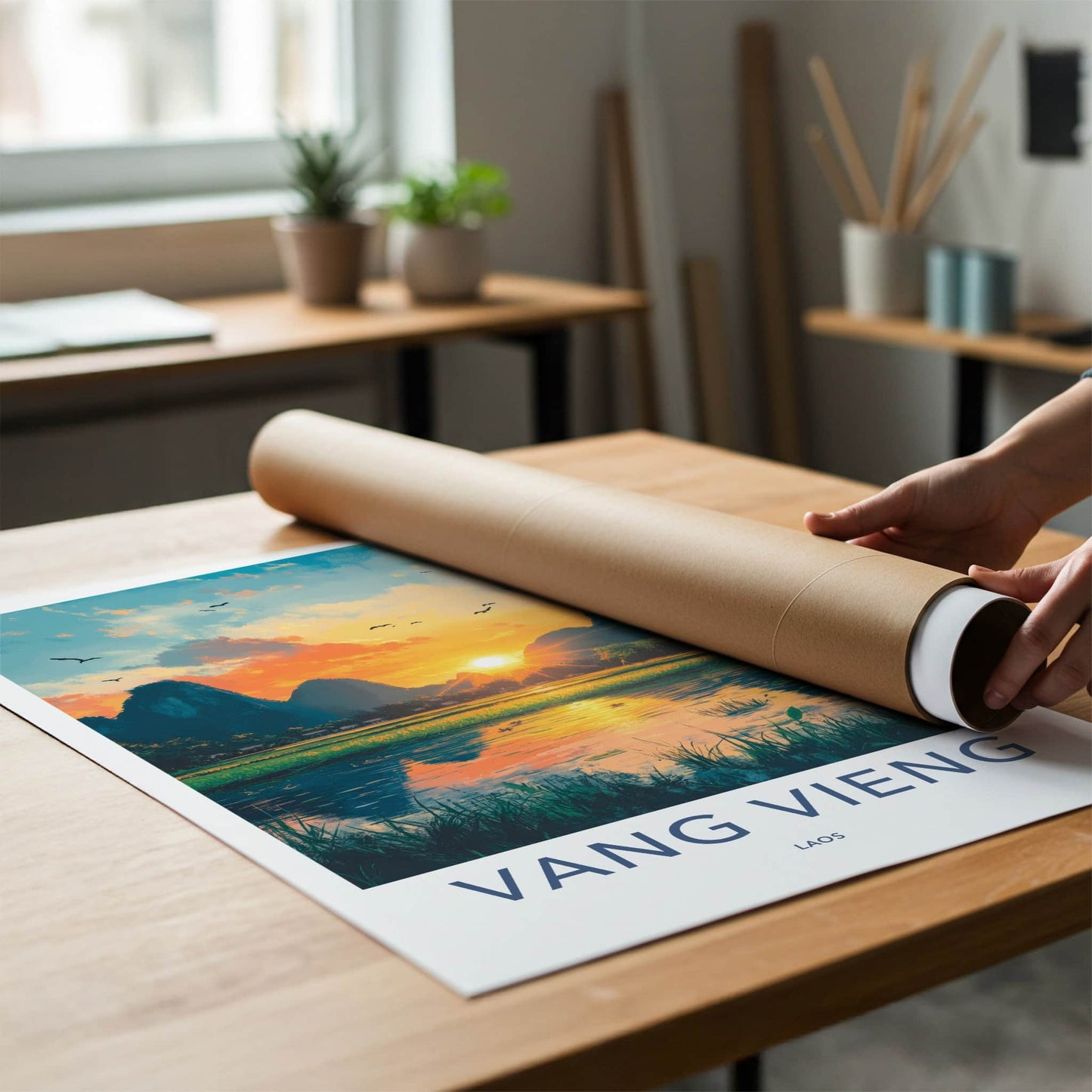Vang Vieng Poster - Laos Travel Art - Golden Hour Landscape Home Decor