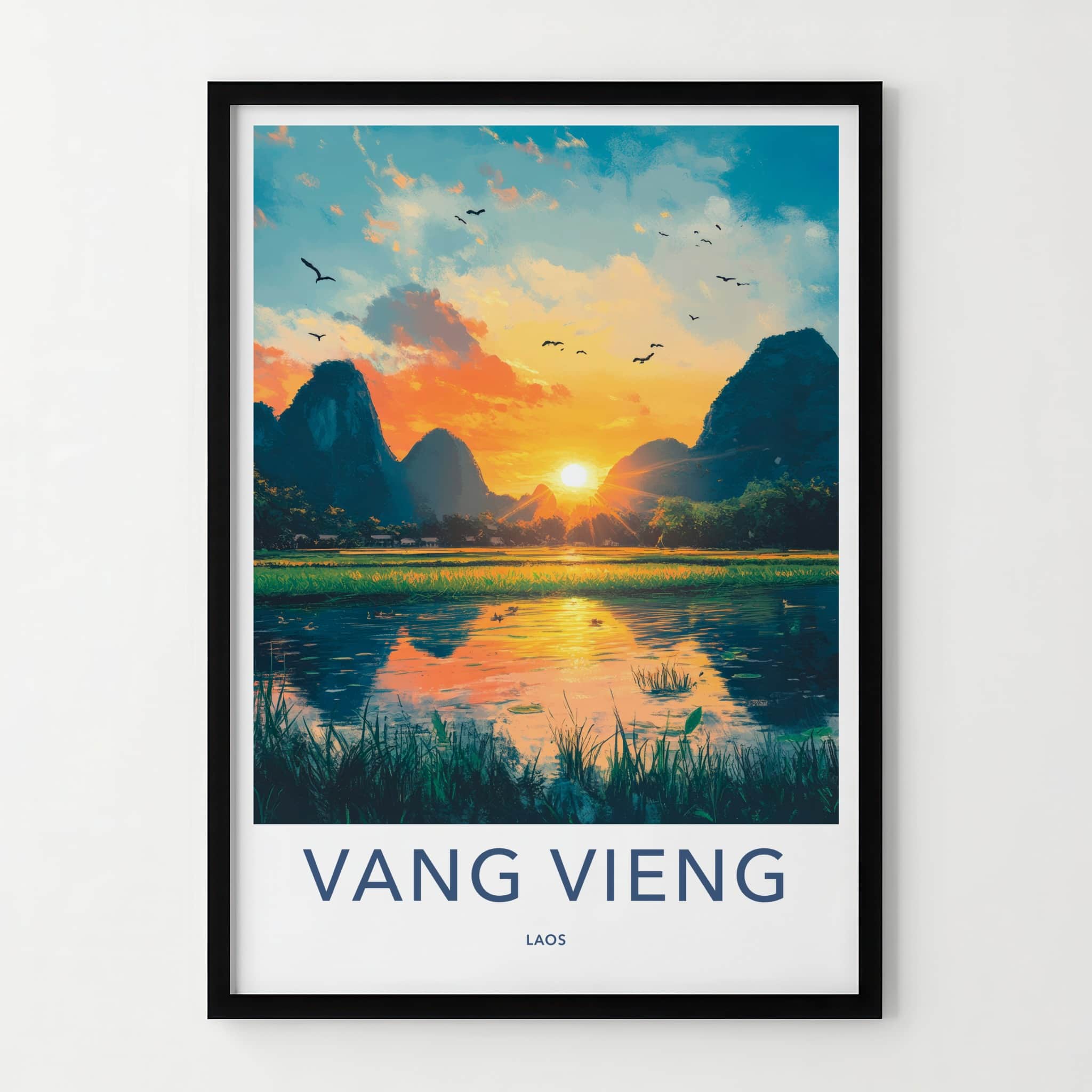 Vang Vieng Poster - Laos Travel Art - Golden Hour Landscape Home Decor