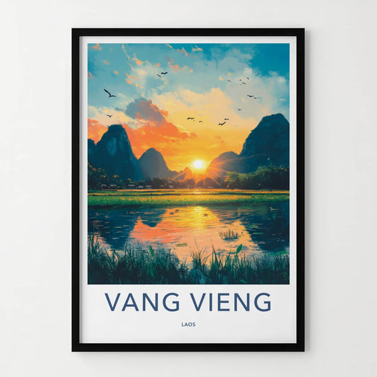 Vang Vieng Poster - Laos Travel Art - Golden Hour Landscape Home Decor