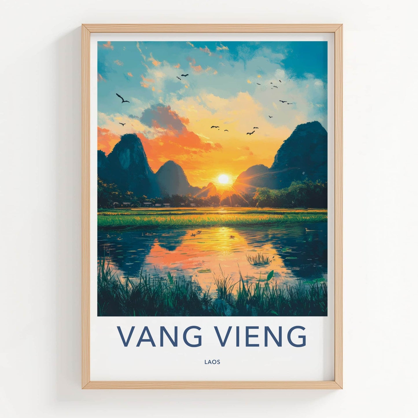 Vang Vieng Poster - Laos Travel Art - Golden Hour Landscape Home Decor