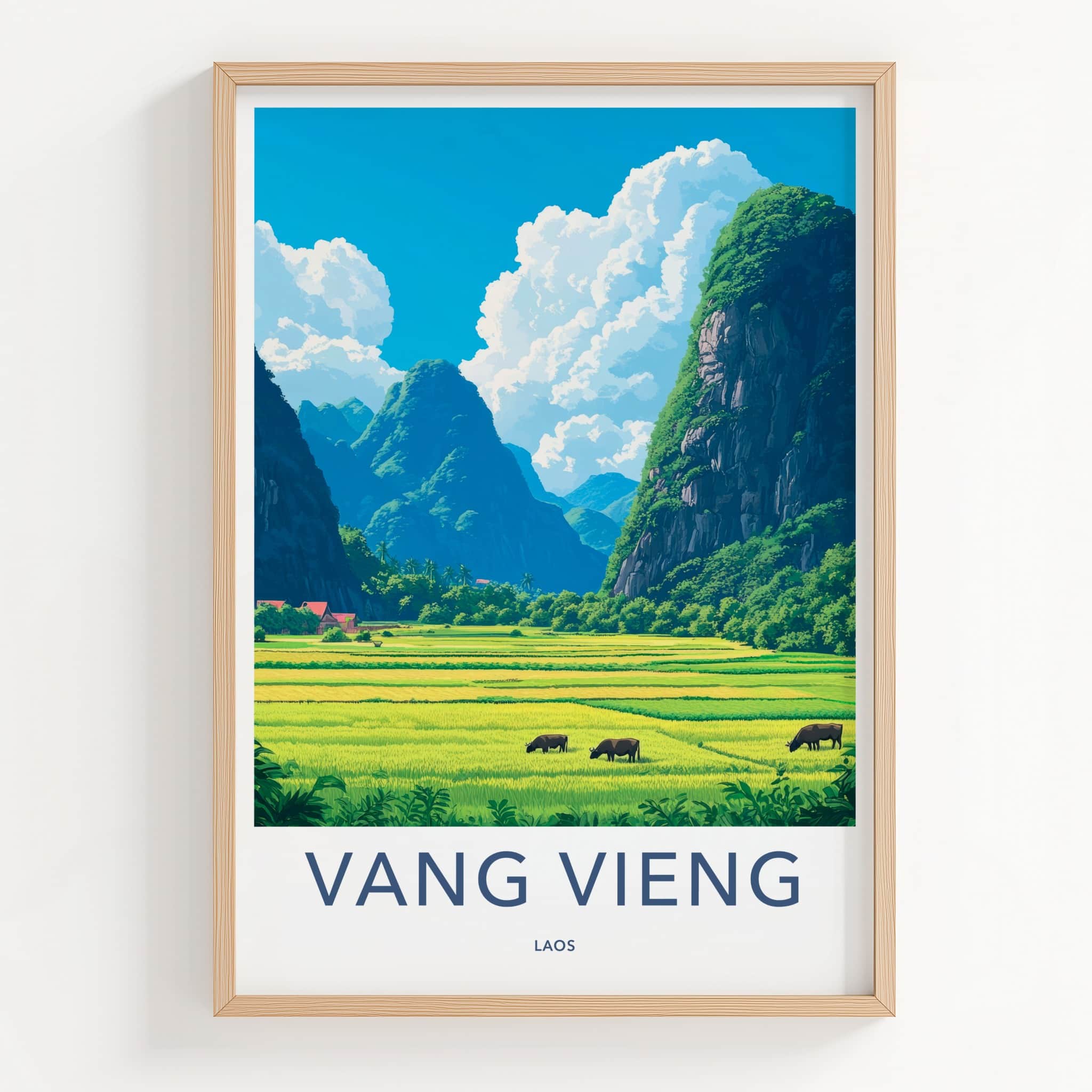 Vang Vieng Poster - Laos Travel Art - Green Rice Fields Home Decor