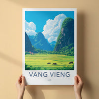 Vang Vieng Poster - Laos Travel Art - Green Rice Fields Home Decor