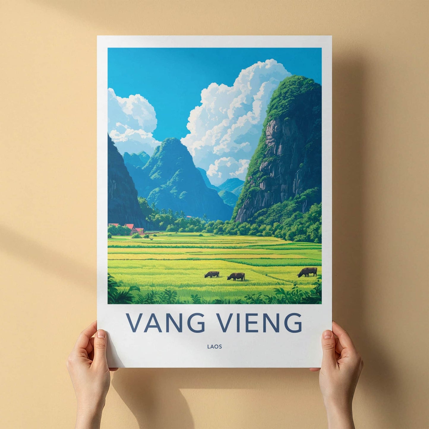Vang Vieng Poster - Laos Travel Art - Green Rice Fields Home Decor