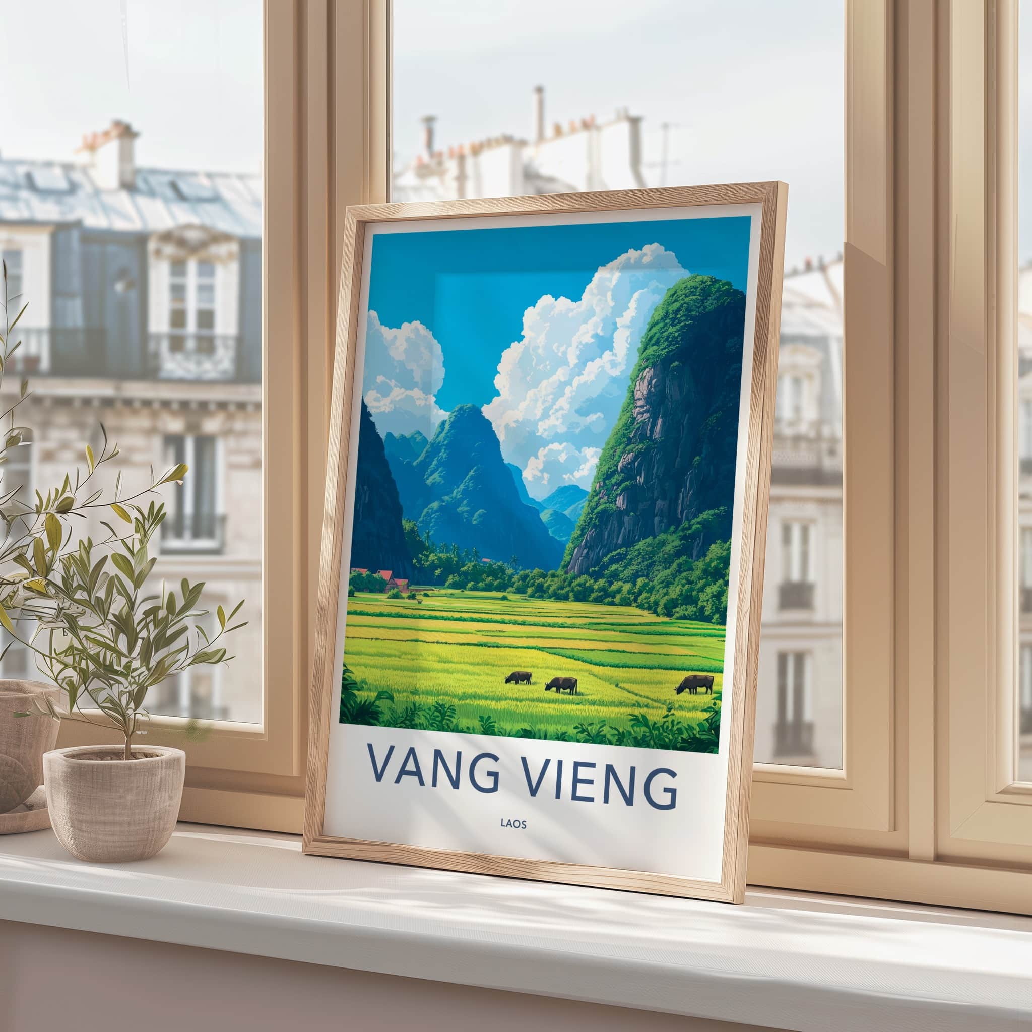 Vang Vieng Poster - Laos Travel Art - Green Rice Fields Home Decor