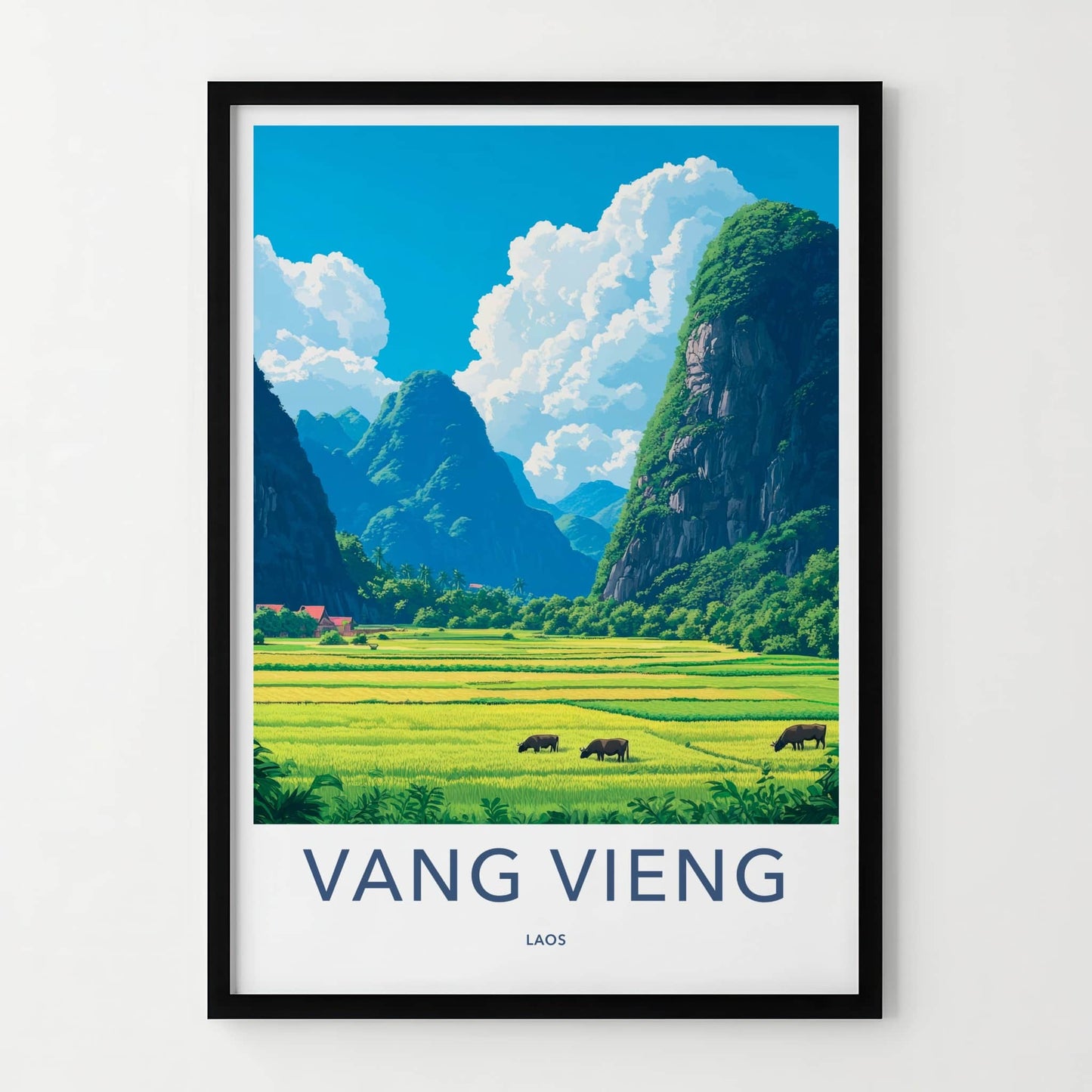 Vang Vieng Poster - Laos Travel Art - Green Rice Fields Home Decor