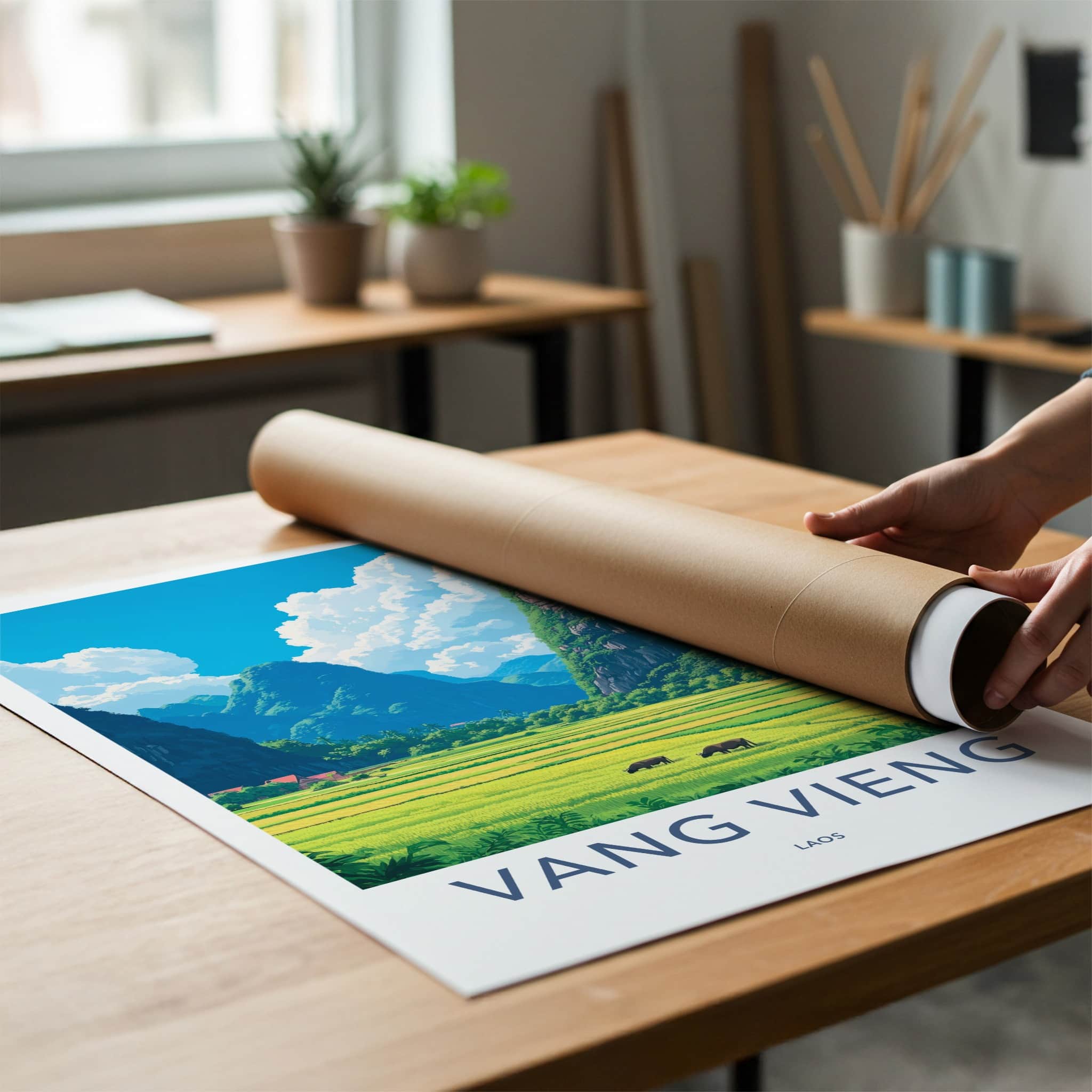 Vang Vieng Poster - Laos Travel Art - Green Rice Fields Home Decor