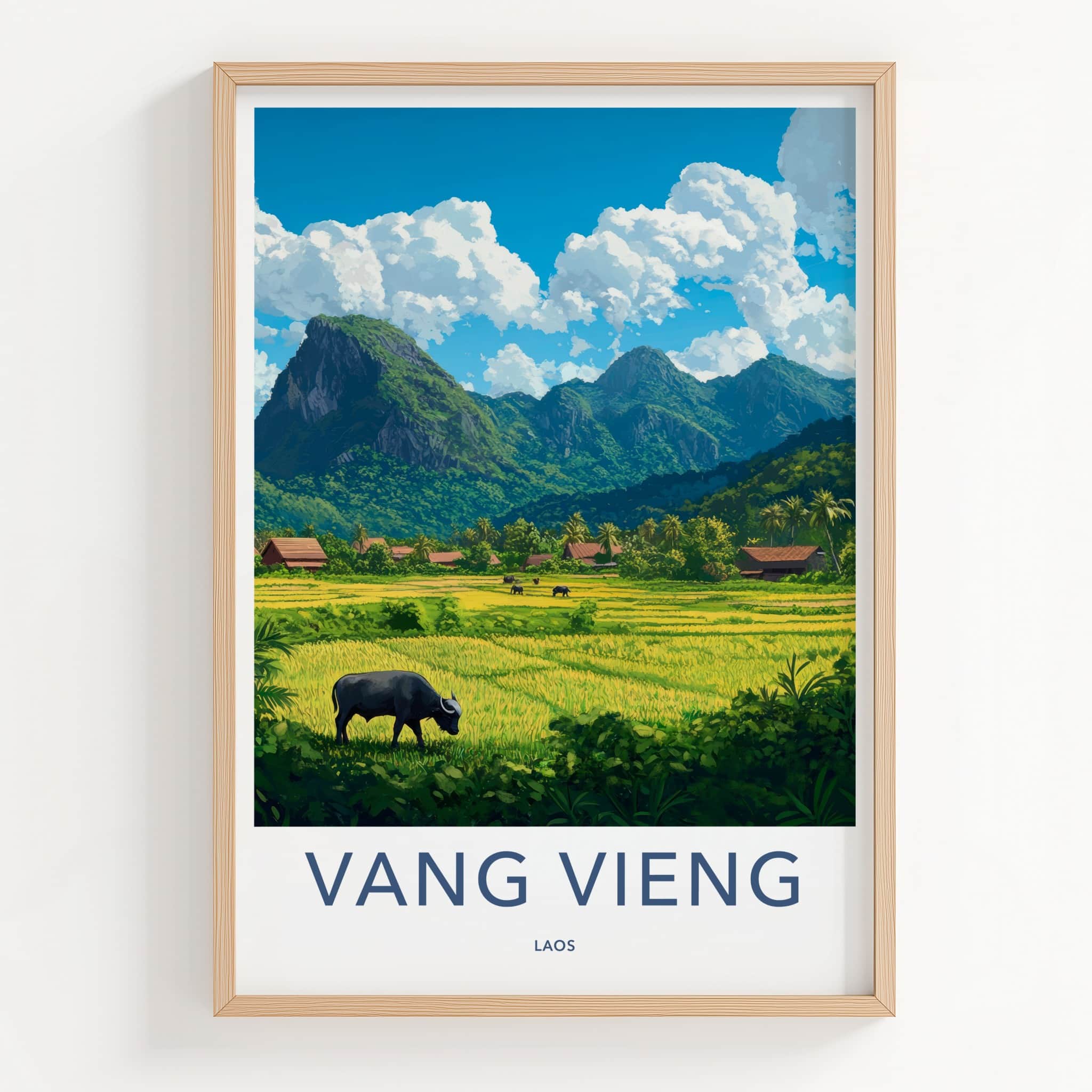 Vang Vieng Poster - Laos Travel Art - Green Rice Paddy Buffalo Home Decor