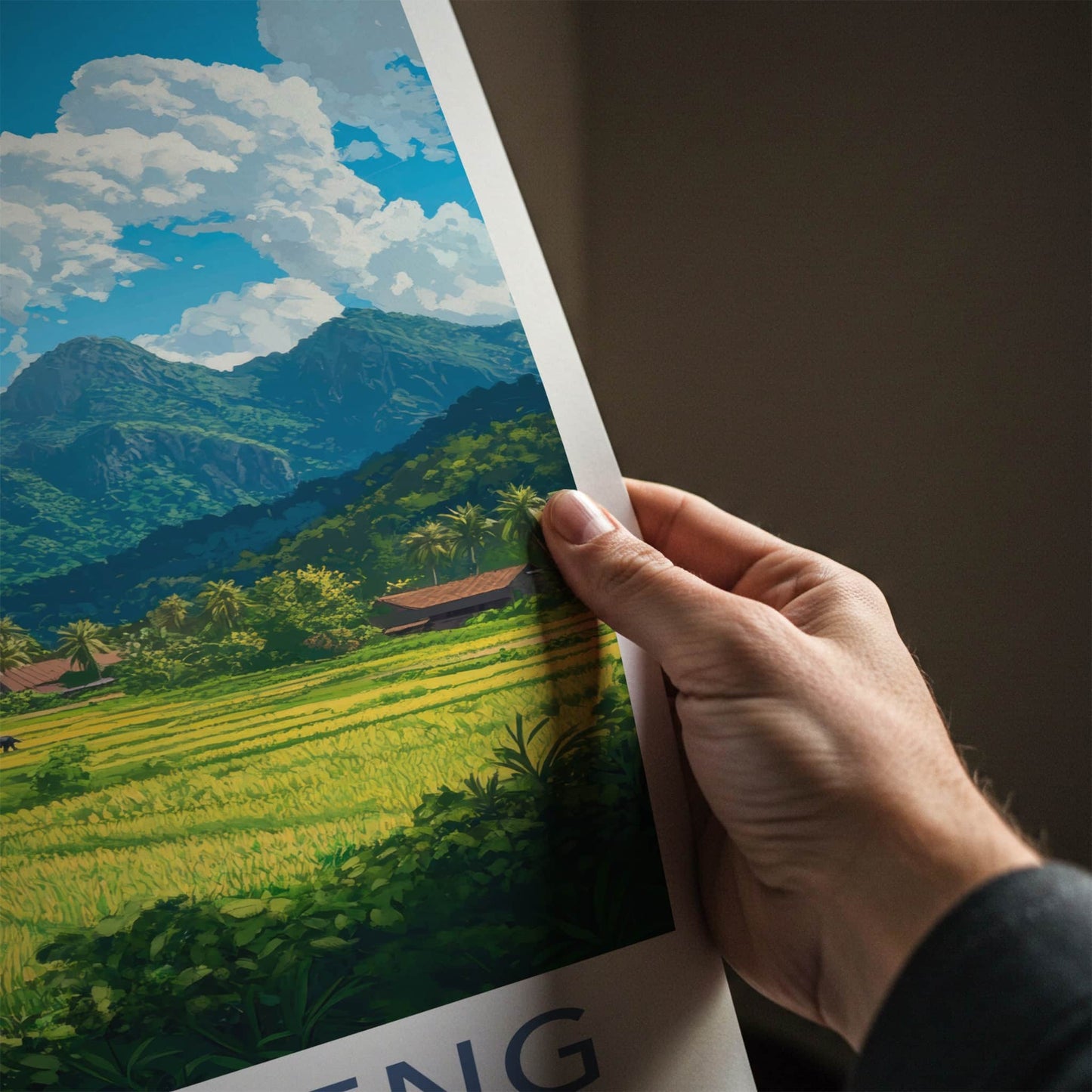 Vang Vieng Poster - Laos Travel Art - Green Rice Paddy Buffalo Home Decor