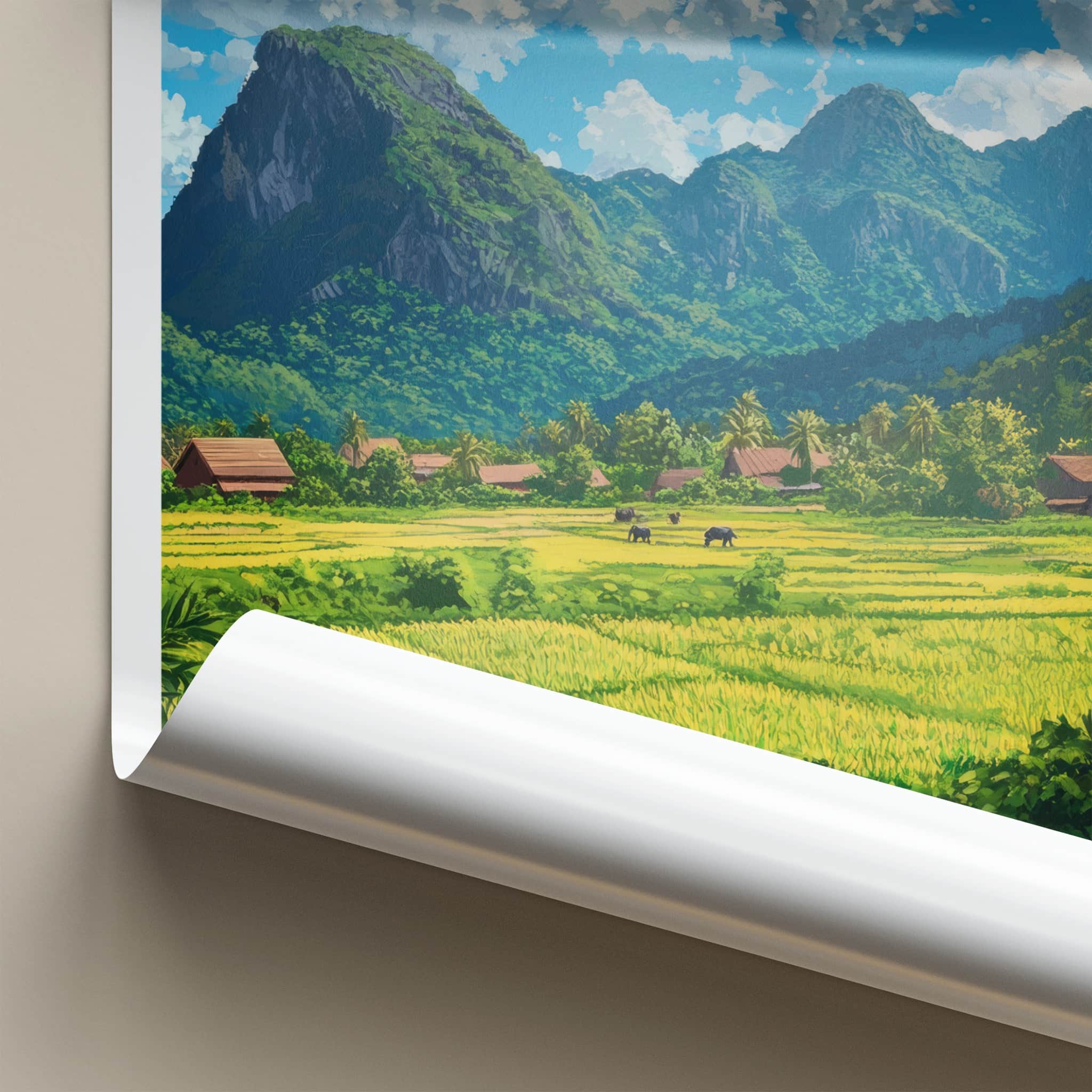 Vang Vieng Poster - Laos Travel Art - Green Rice Paddy Buffalo Home Decor