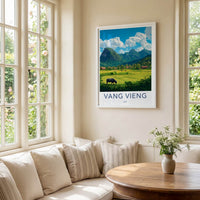 Vang Vieng Poster - Laos Travel Art - Green Rice Paddy Buffalo Home Decor